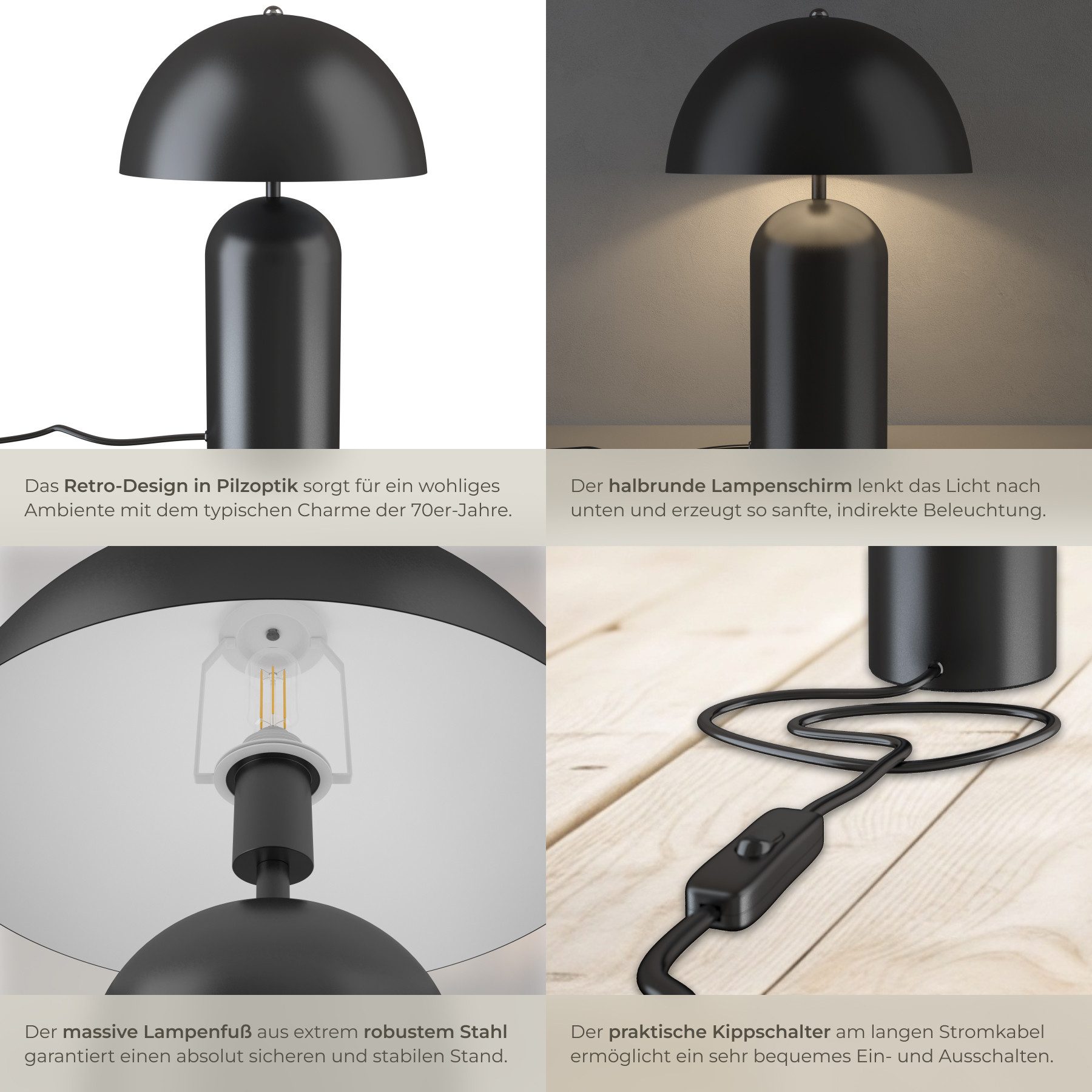 tectake Schreibtischlampe Retro-Tischlampe aus beschichtetem Stahl, indirektes Licht, 25 x 37, Stabil, nicht relevant, Kippschalter am Kabel, stabiler Lampenfuß – Bild 4 von 5