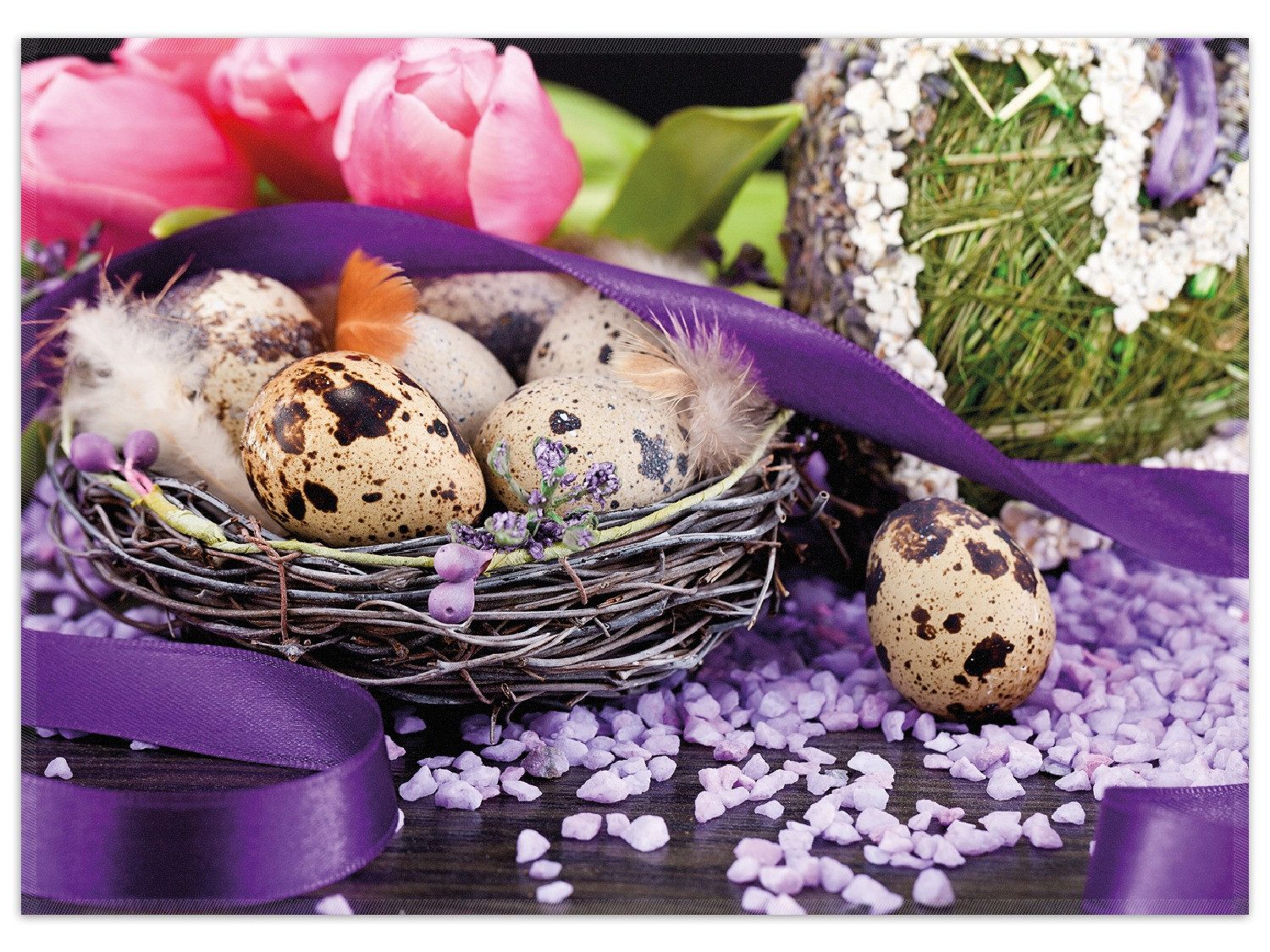 Wallario Teppich Ostern - Stillleben II - Bunte Eier, Herzen und Tulpen, rechteckig, rutschfest