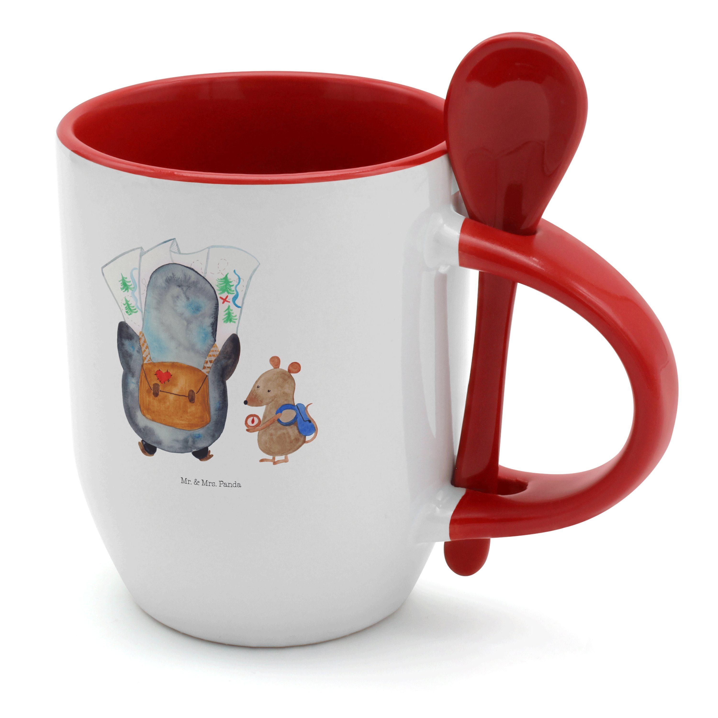 Mr. & Mrs. Panda Tasse Pinguin & Maus Wanderer - Weiß - Geschenk, Tassen, Abenteuer, Tasse, Keramik