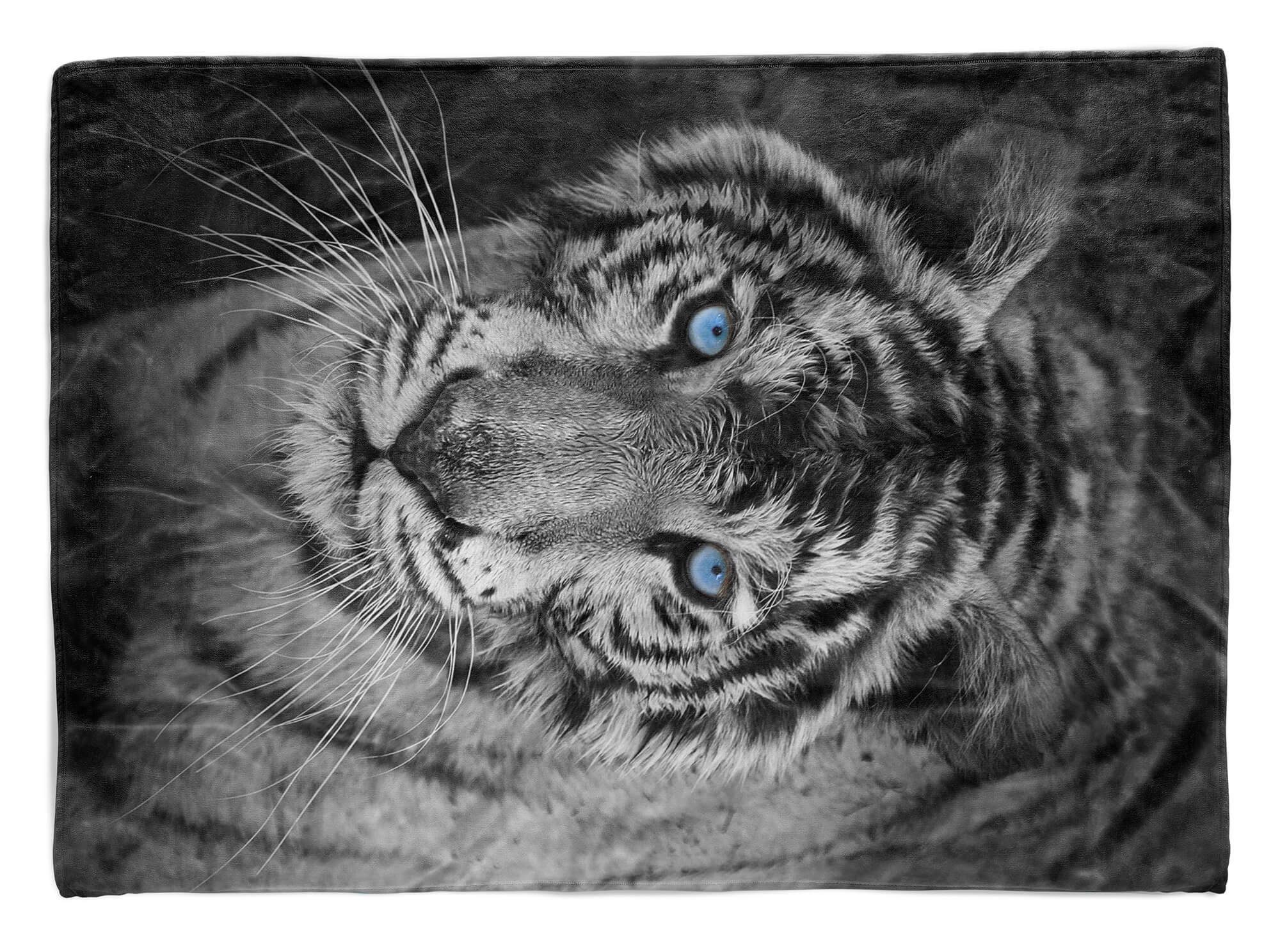 Sinus Art Handtücher Handtuch Strandhandtuch Saunatuch Kuscheldecke mit Tiermotiv Tiger blaue Augen, Baumwolle-Polyester-Mix (1-St), Handtuch