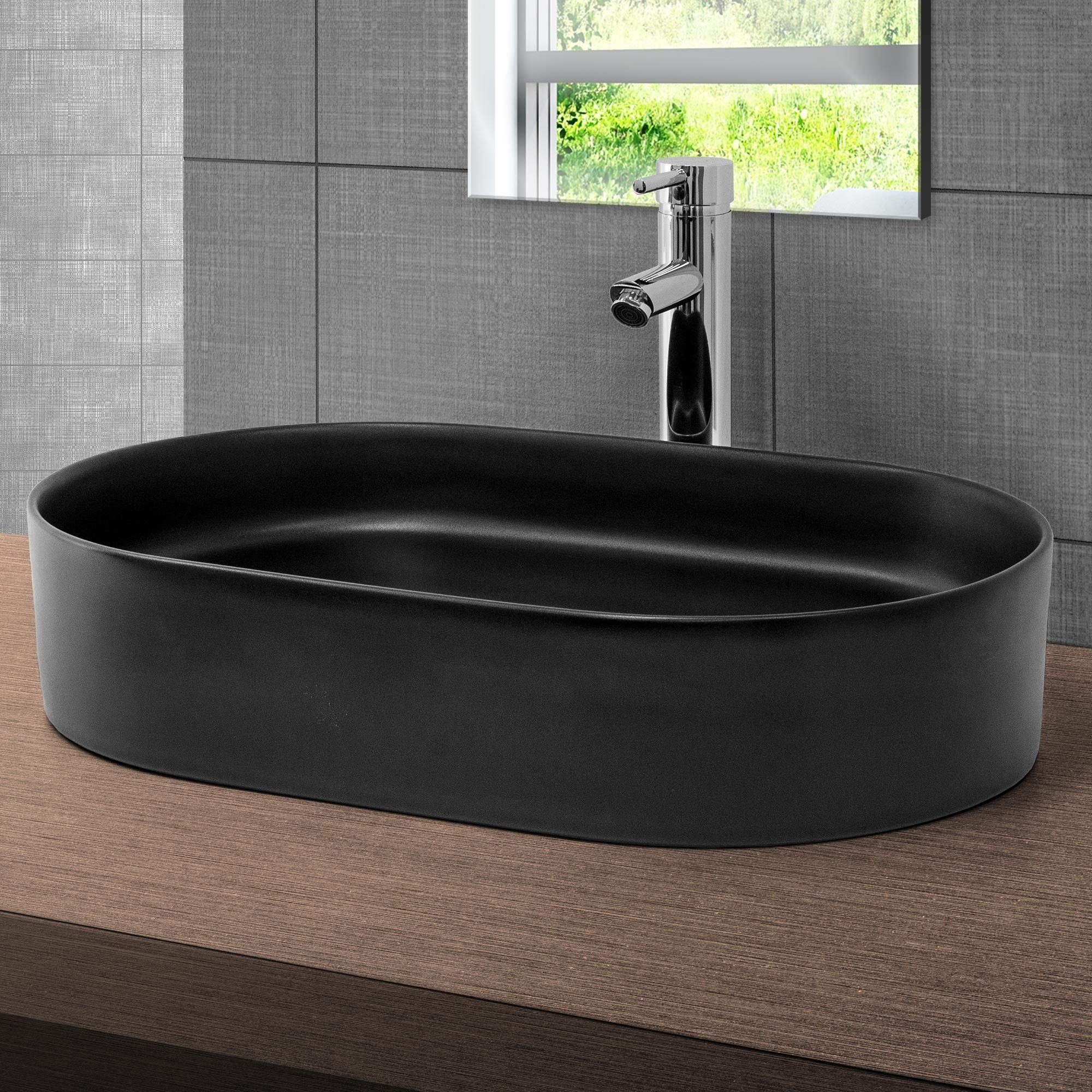 LuxeBath Waschbecken Aufsatzwaschbecken aus Keramik für Badezimmer/Gäste-WC, Handwaschbecken Oval 61x39,5x12,5 cm Schwarz