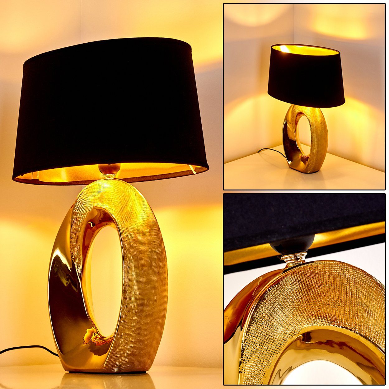 hofstein Tischleuchte Schlaf Wohn Zimmer Leuchten Stoff schwarz Keramik gol günstig online kaufen