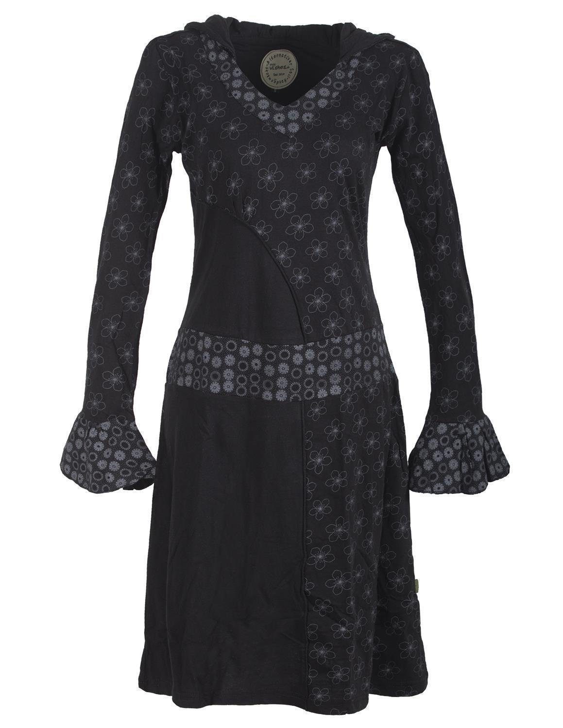 Damen Kleider Vishes Zipfelkleid Langarm Blümchen Kapuzenkleid mit V-Ausschnitt Hippie, Hoodie, Boho, Elfen Style