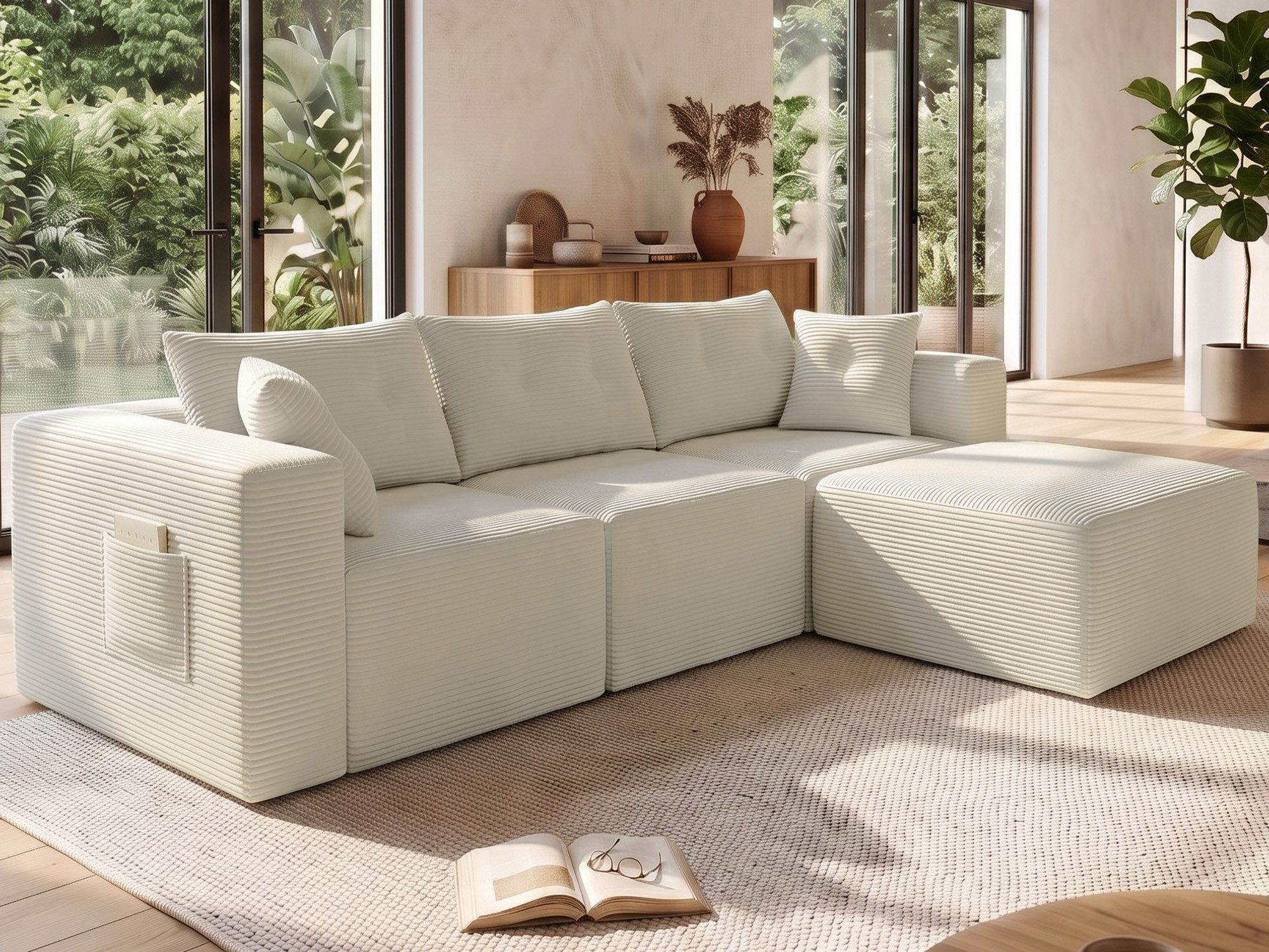 GLP Ecksofa Modulares Ecksofa 254 cm aus Cord, kompakte L-Form mit Hocker, 4 Module frei kombinierbar, 70 cm Sitztiefe, 254 cm breit, gepolstert, vakuumiert, für modernes Wohnen