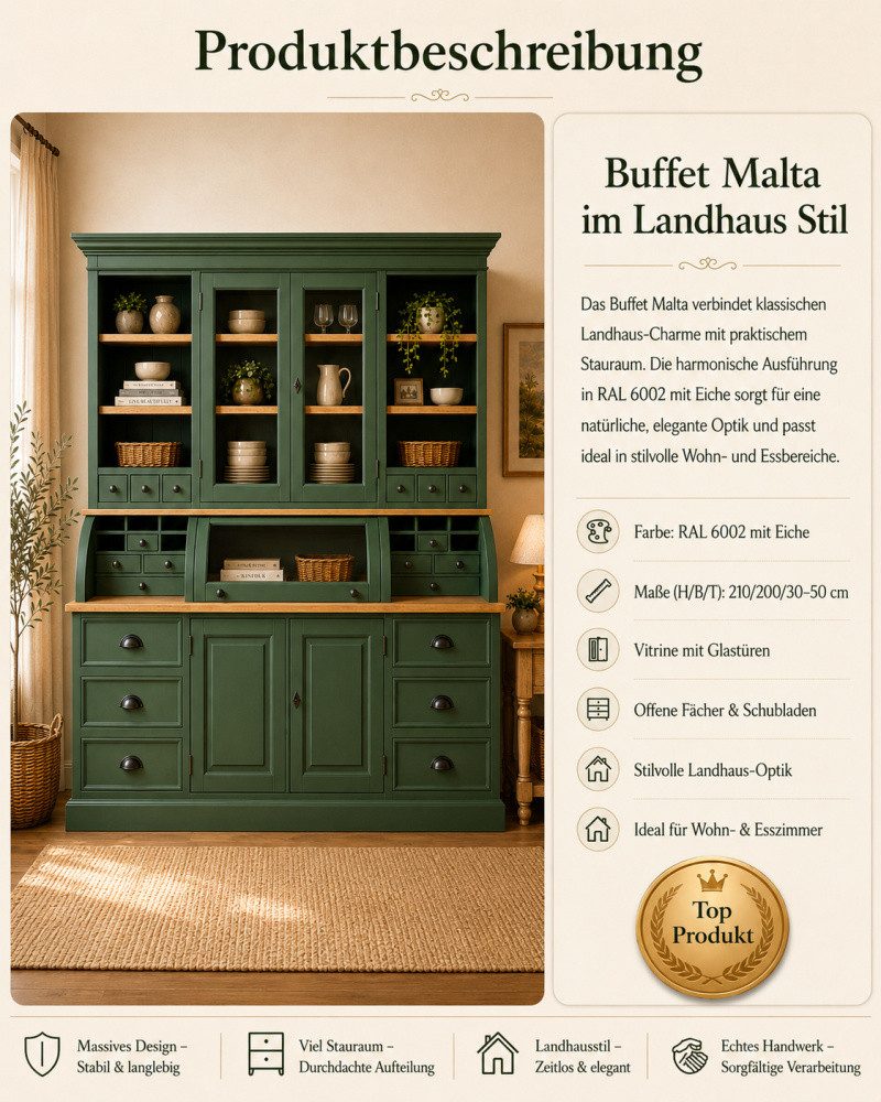 Wohnpalast Buffet Landhaus Buffet Schrank Malta Ladenschrank laubgrün mit Eiche 200 cm