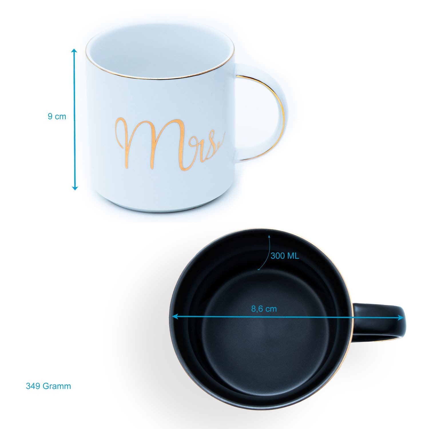Intirilife Tasse, 2-tlg., Porzellan, Kaffeetasse Teetasse Mr Mrs Weiß und Schwarz Hochzeitsgeschenk Becher