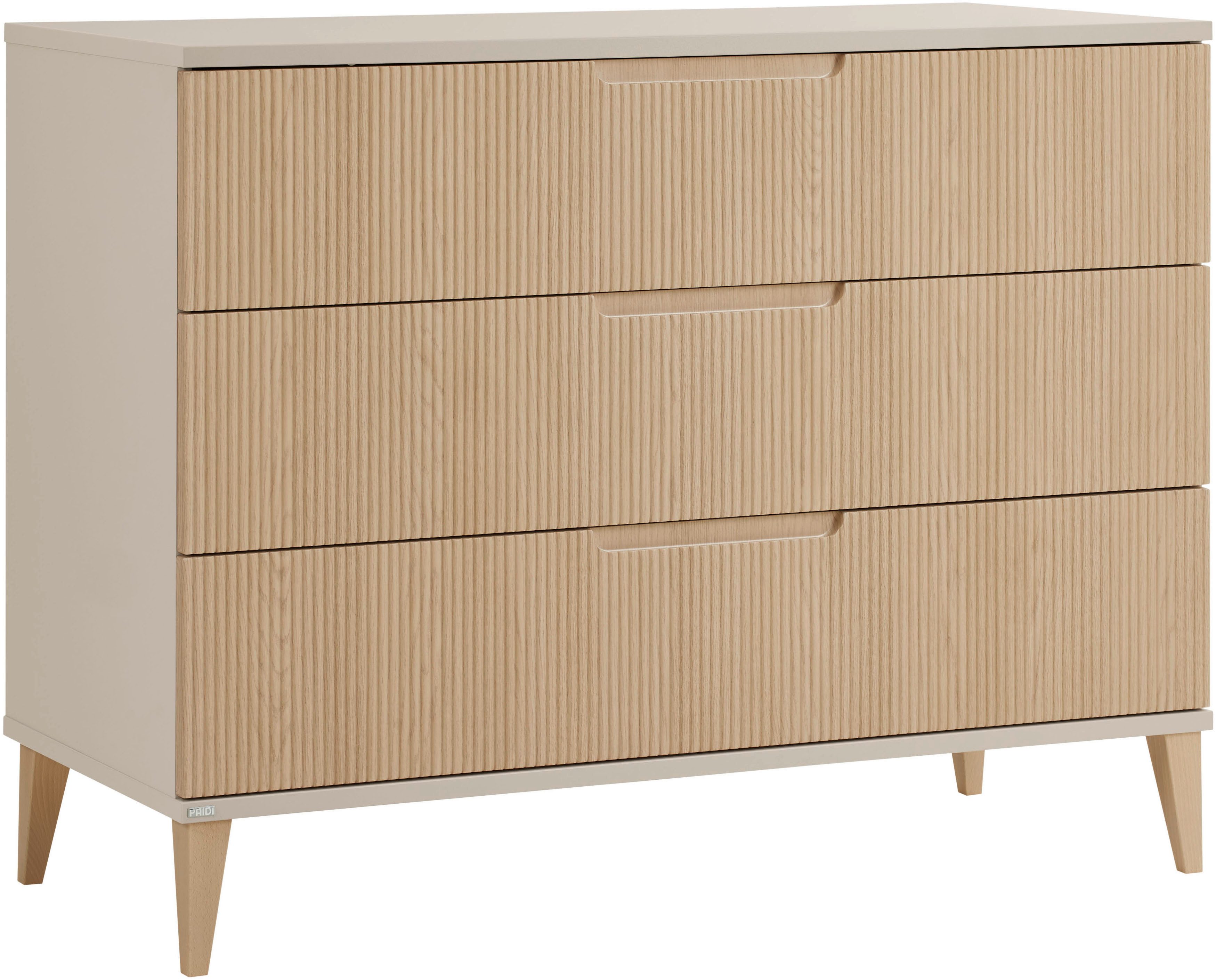 PAIDI Wickelkommode JONTE in Beige & Eichefarben, 3 Schubladen mit Soft-Close, Vollauszug, Kommode 124 cm Breite, Wickeltisch mit Massivholz-Füßen