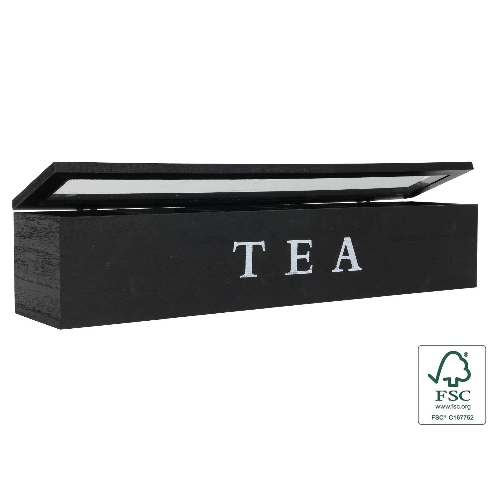 Neuetischkultur Vorratsdose Teebox mit 6 Holz Teedose 1-tlg), mit Teebeutelkiste Holz, Sichtfenster (Stück, schwarz, Kammern