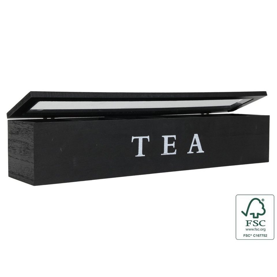 Neuetischkultur Vorratsdose Teebox mit 6 Kammern Holz schwarz, Holz,  (Stück, 1-tlg), Teebeutelkiste mit Sichtfenster Teedose, Maße: L/B/H 9 x 43  x 9 cm