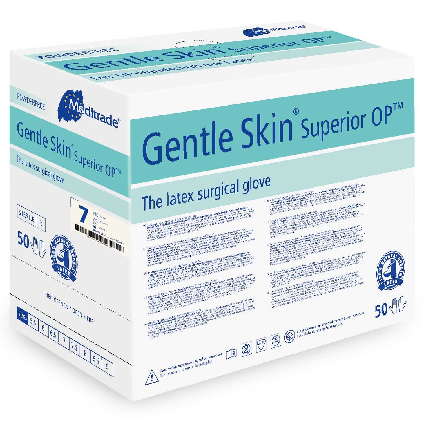 MediTrade Nitril-Handschuhe Meditrade Gentle Skin Superior OP Latex-Handschuhe steril Gr. 7 (Paar, 2-St., 1 Verkaufseinheit) steril, puderfrei, texturiert, Rollrand, Einmalgebrauch