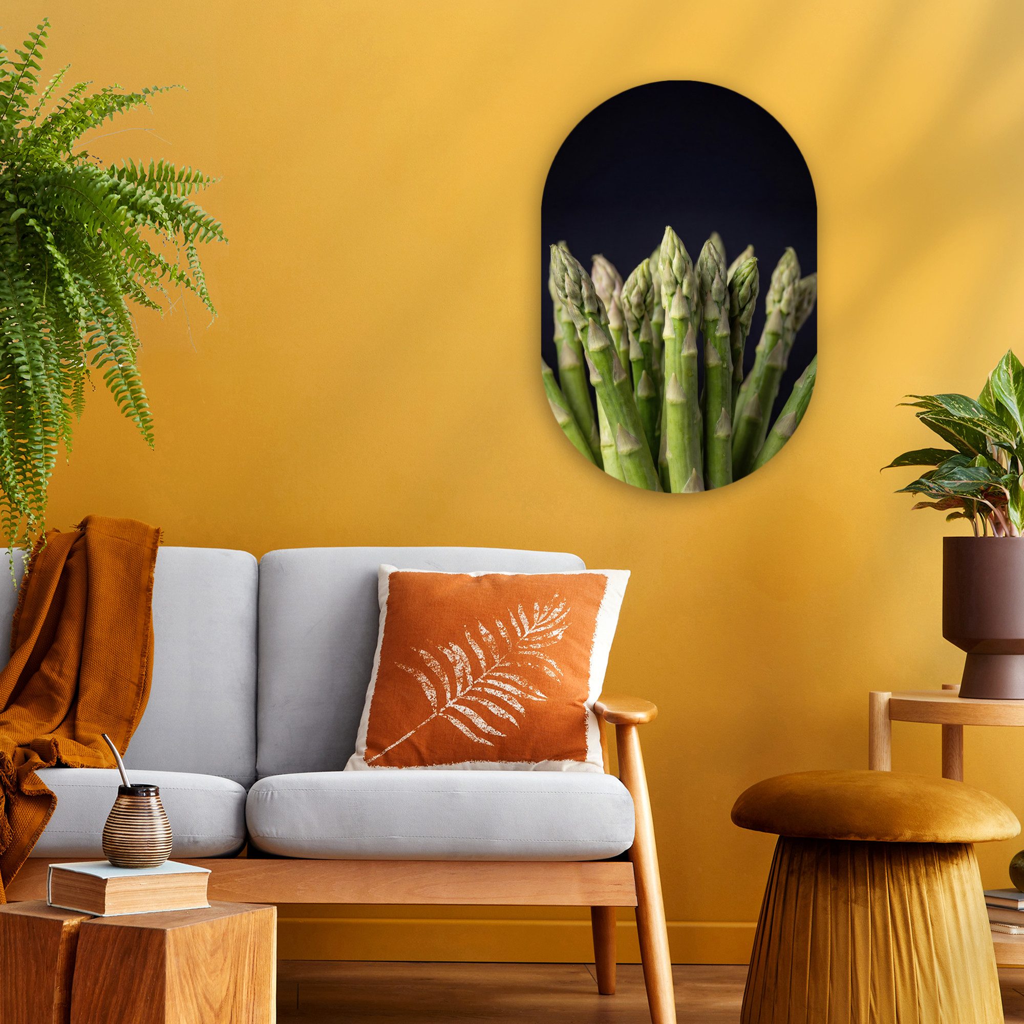 MuchoWow Gemälde Spargel - Grün - Schwarz, Fotodruck (1 St), Wandbild Oval, Wohnzimmer oder Schlafzimmer Wanddekoration, 40x60 cm