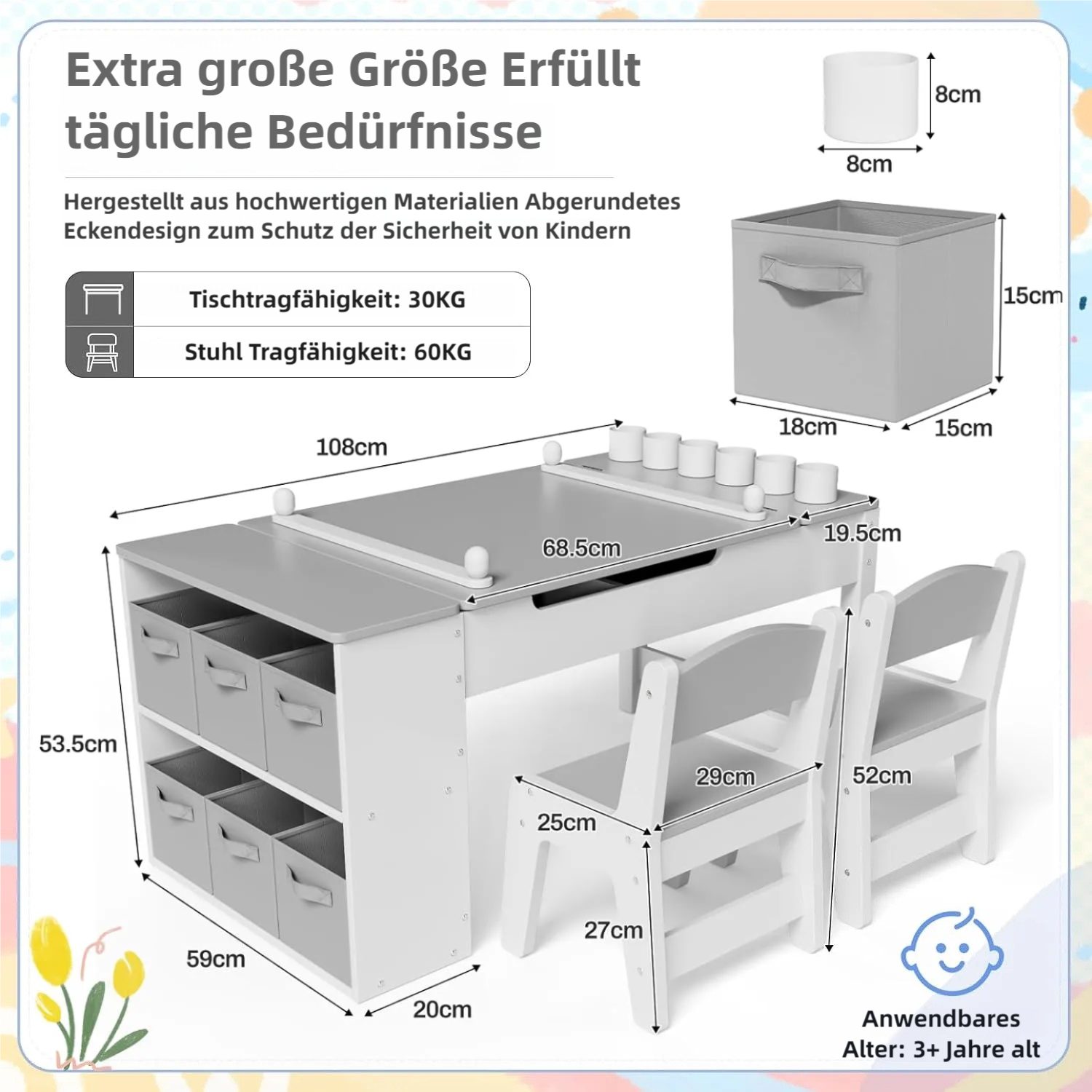 TLGREEN Kindertisch Höhenverstellbarer Kindertisch Set mit 2 Stühlen (Kindermaltisch mit Papierrolle und Stauraum), Wasserdichtes Kindertisch für Malen/Lernen/Essen(ab 3 Jahre)