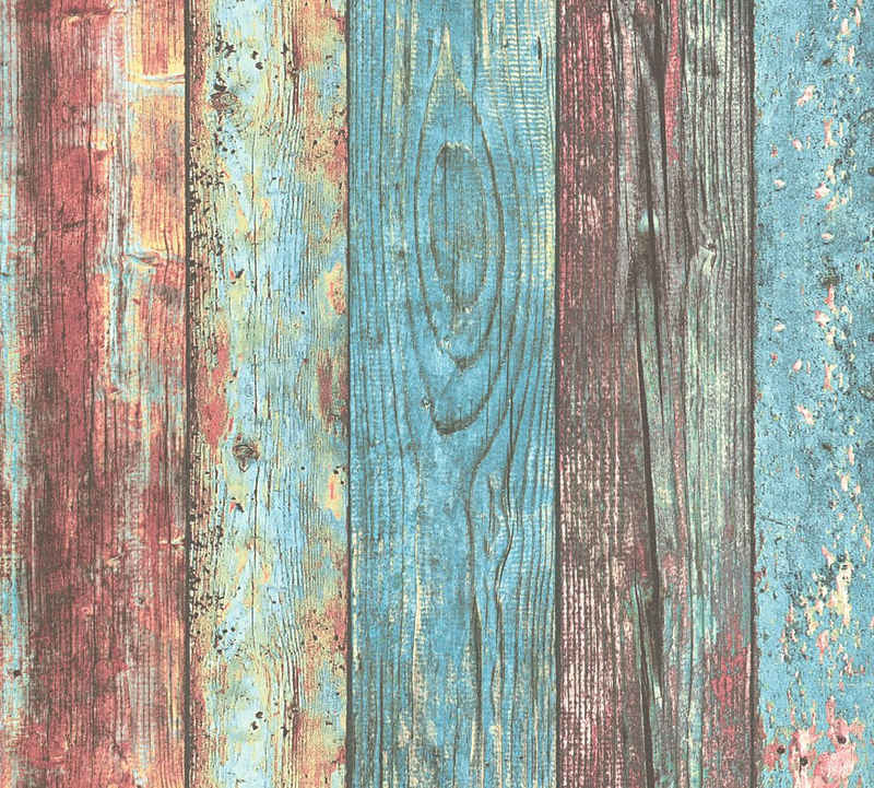 living walls Vinyltapete Pop Up Panel 3D, strukturiert, Holz, Holzoptik Tapete Selbstklebend Holz Panel Blau Rot 2,50 m x 0,52 m