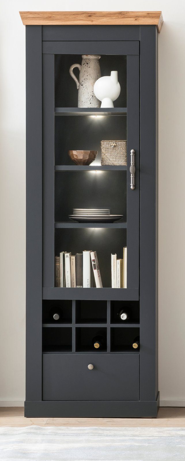 Furn.Design Standvitrine Ribera (Vitrine in matt grau mit Wotan Eiche, 72 x 201 cm) mit Soft-Close