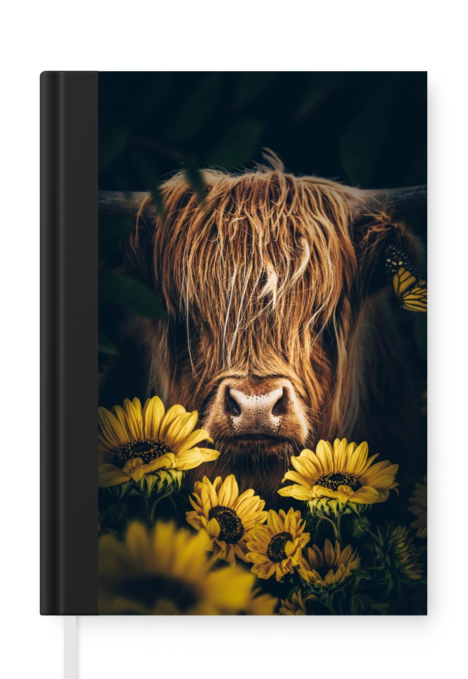MuchoWow Notizbuch Schottische Highlander - Blumen - Kuh - Botanisch - Tiere, Journal, Merkzettel, Tagebuch, Notizheft, A5, 98 Seiten, Haushaltsbuch