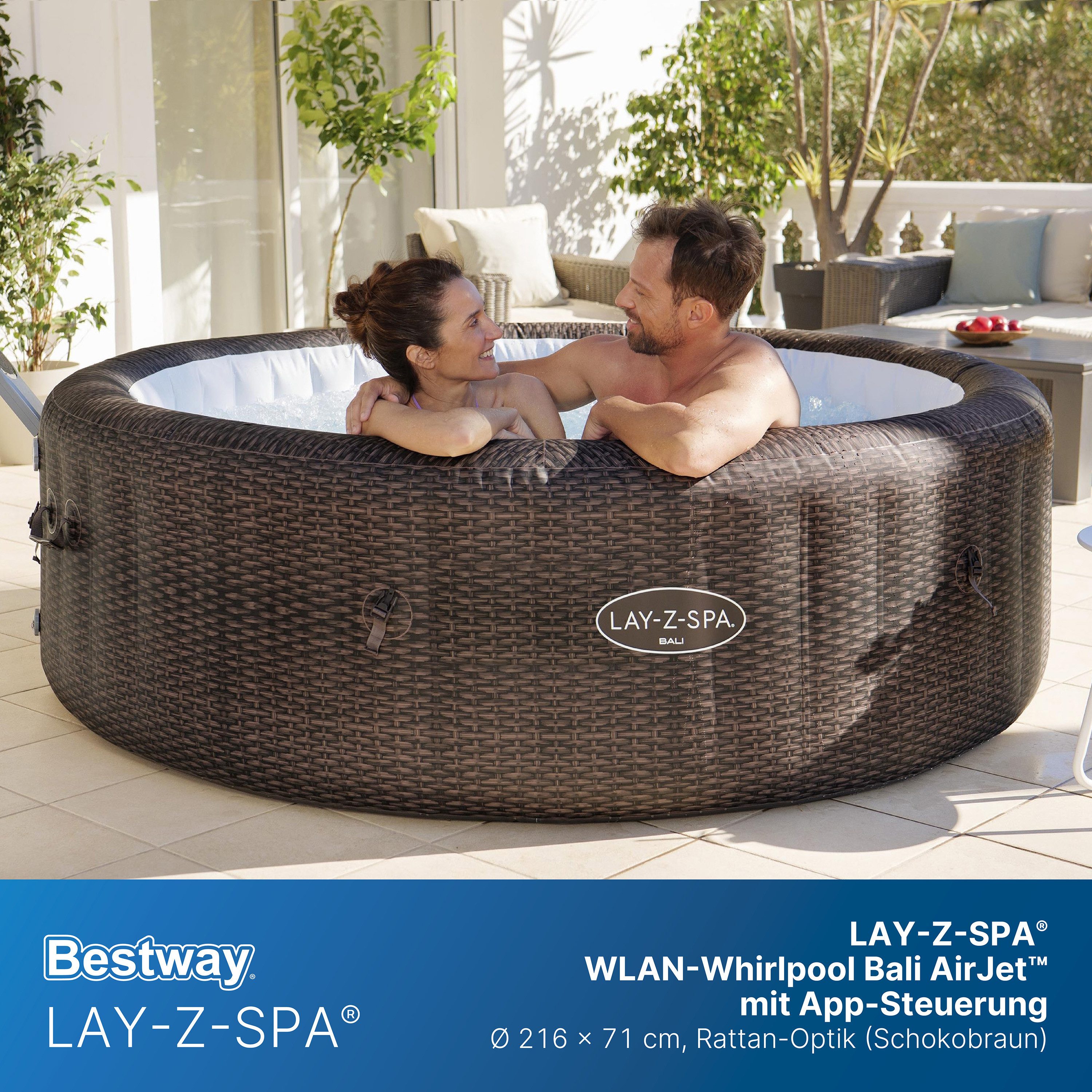 Bestway Whirlpool LAY-Z-SPA® Bali AirJet™, Aufstellbecken, (Set, Inkl. App-Steuerung, für max. 7 Personen), Ø 216 x 71 cm