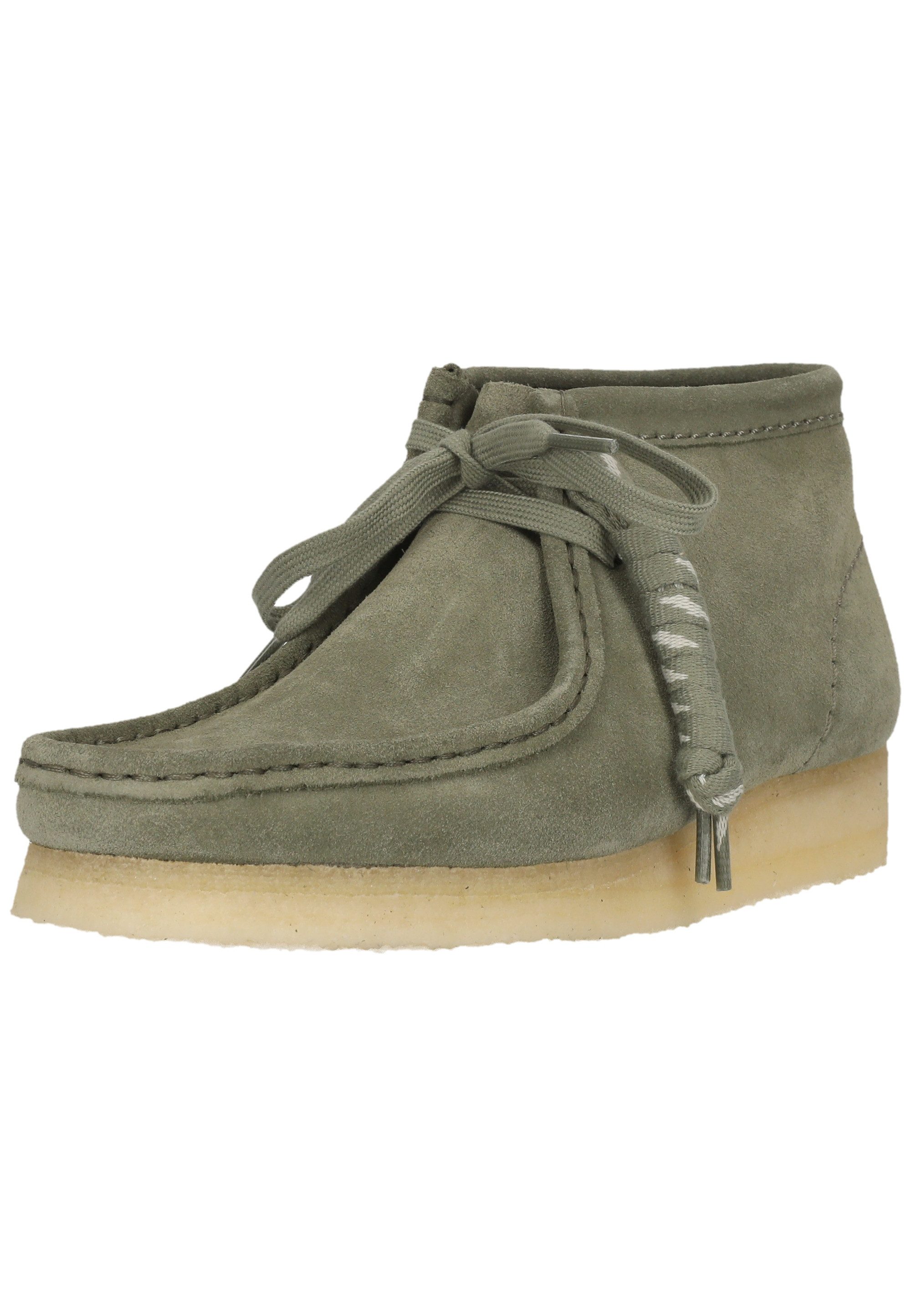 Clarks Wallabee Boot. Khaki/Green Sde Schnürschuh mit ikonischer Sohle