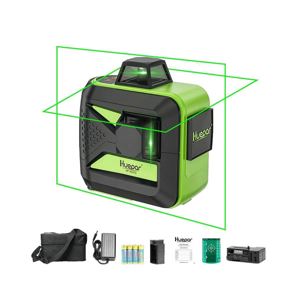 Huepar Kreuzlinienlaser Huepar 602CG grüner 2D Kreuzlinienlaser mit Akku und Wandhalterung