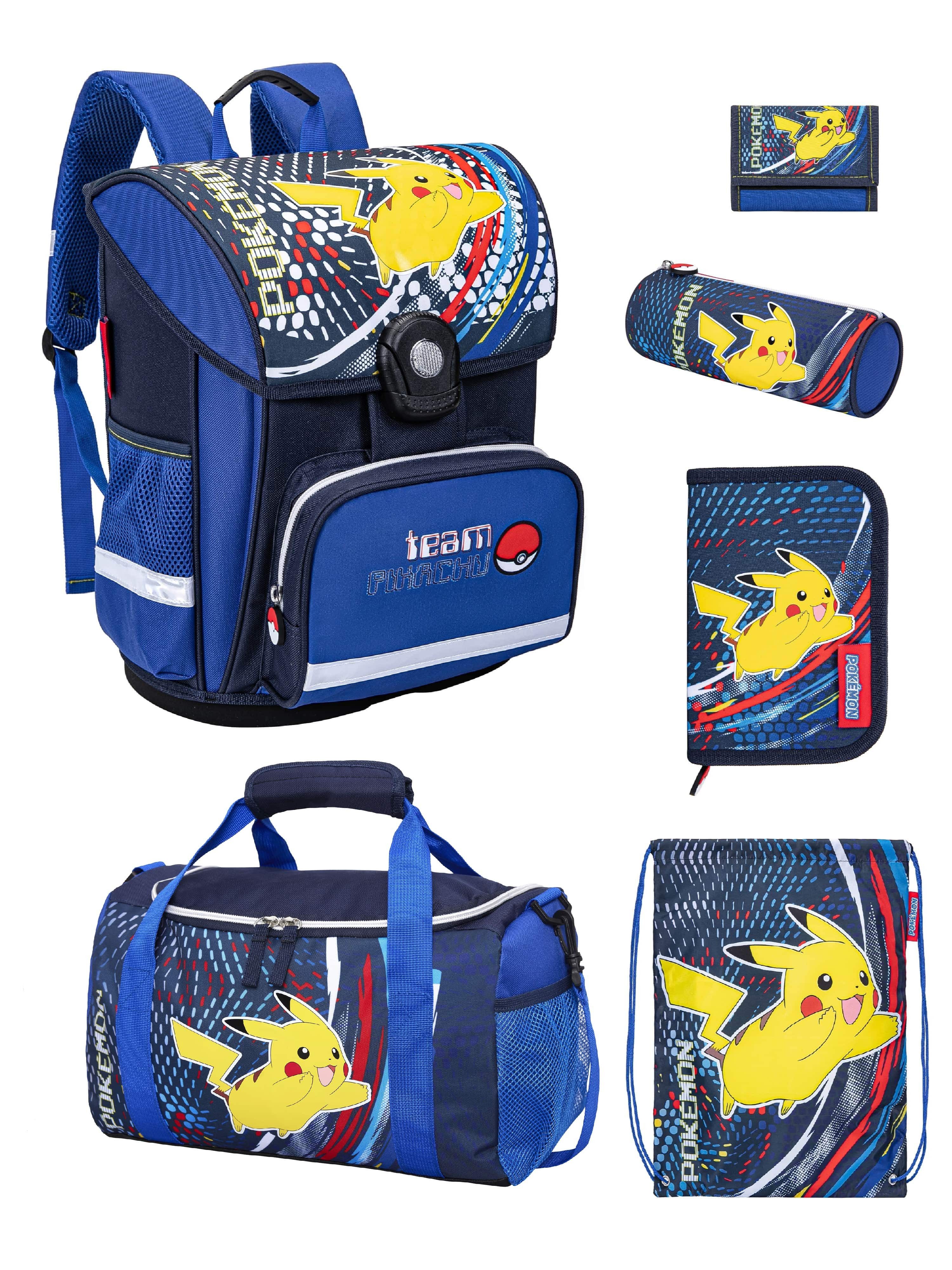 Familando Schulranzen Pokemon Blau mit Pikachu für 1. bis 4. Klasse, Ergonomisch & Leicht (Set, 6-tlg., Grundset mit großer Sporttasche), mit großer Sporttasche