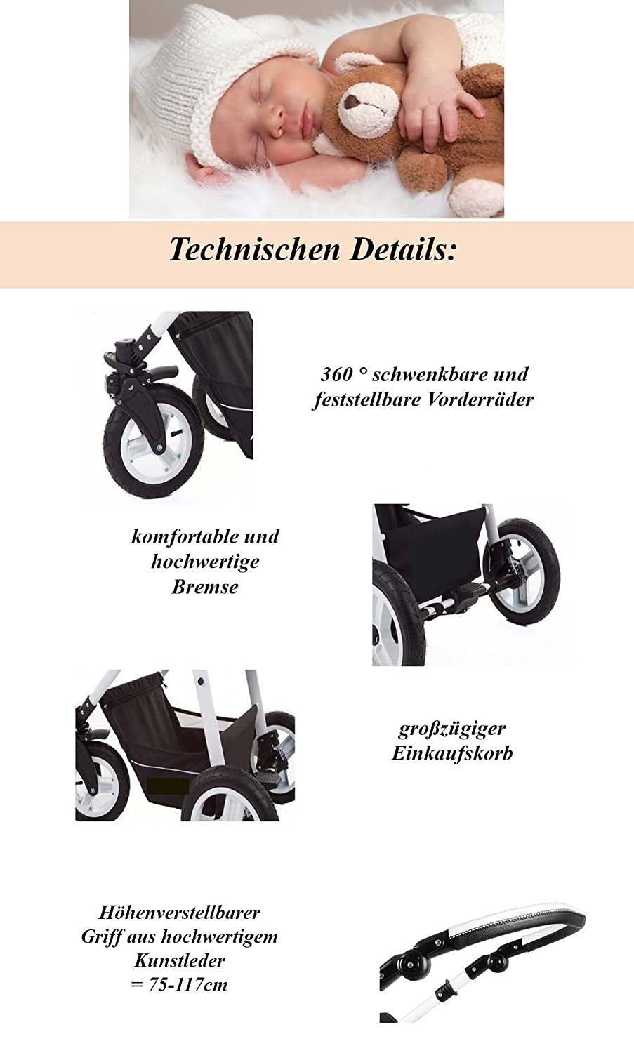 ECO 1 babies-on-wheels - Kombi-Kinderwagen Kunstleder Farben Schwarz-Weiß 13 - 2 Cosmo in Kinderwagen-Set 16 Teile in