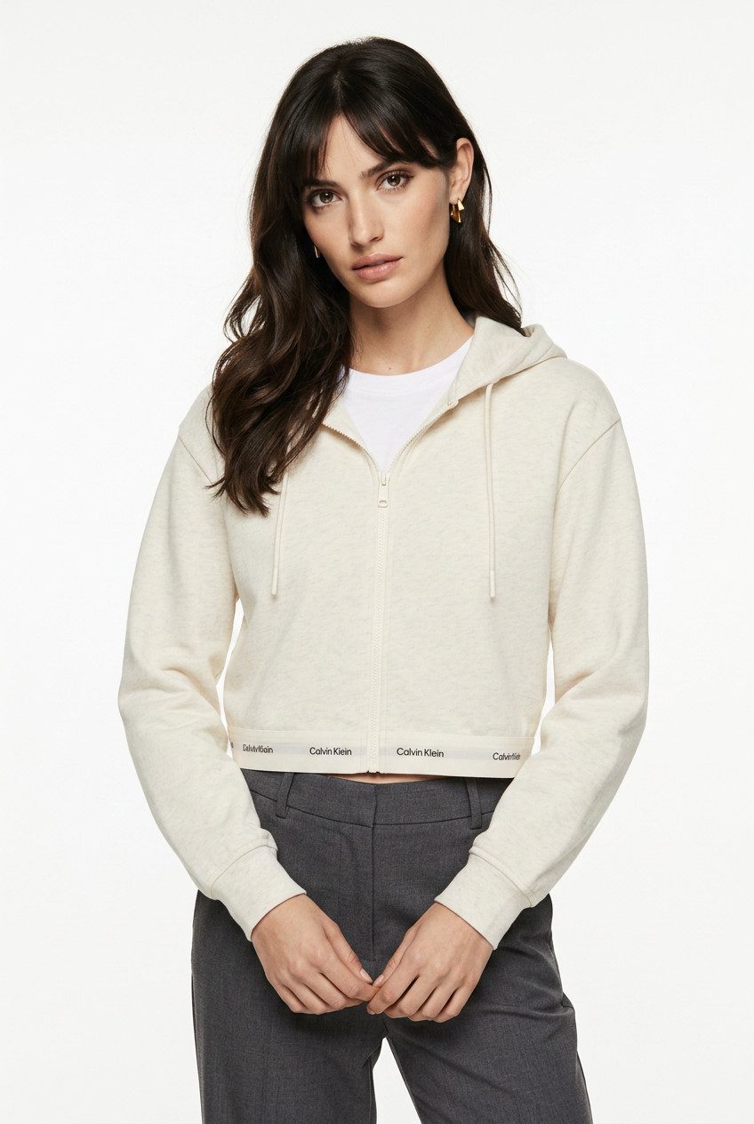 Calvin Klein Jeans Kapuzensweatjacke LOGO WAIST CROPPED mit Kapuze, kurze From, Logoschriftzug am Bund