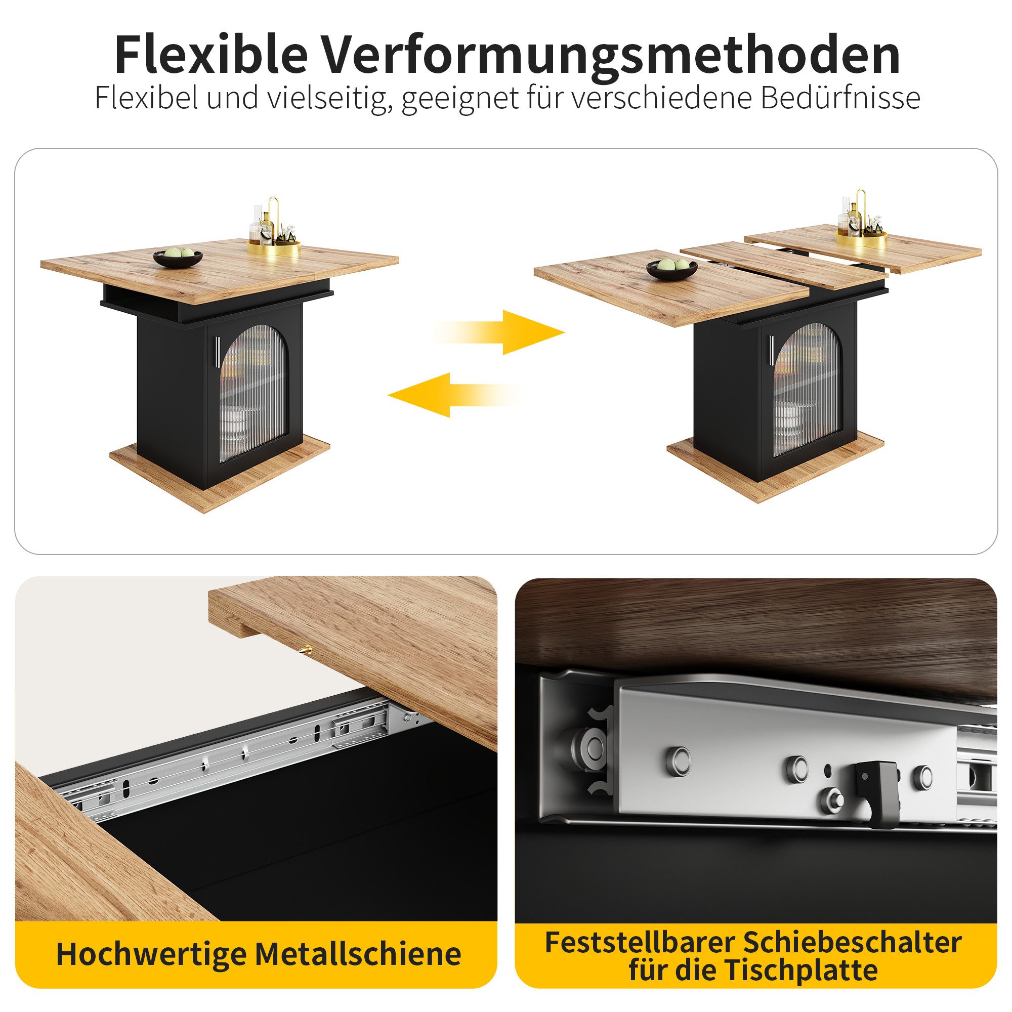 KLAM HOME Esstisch Teleskoptisch (140×70/80cm) Ausziehbarer Esstisch mit Ablagefläche (Küchentisch), für Küche und Wohnzimmer weiß/schwarz