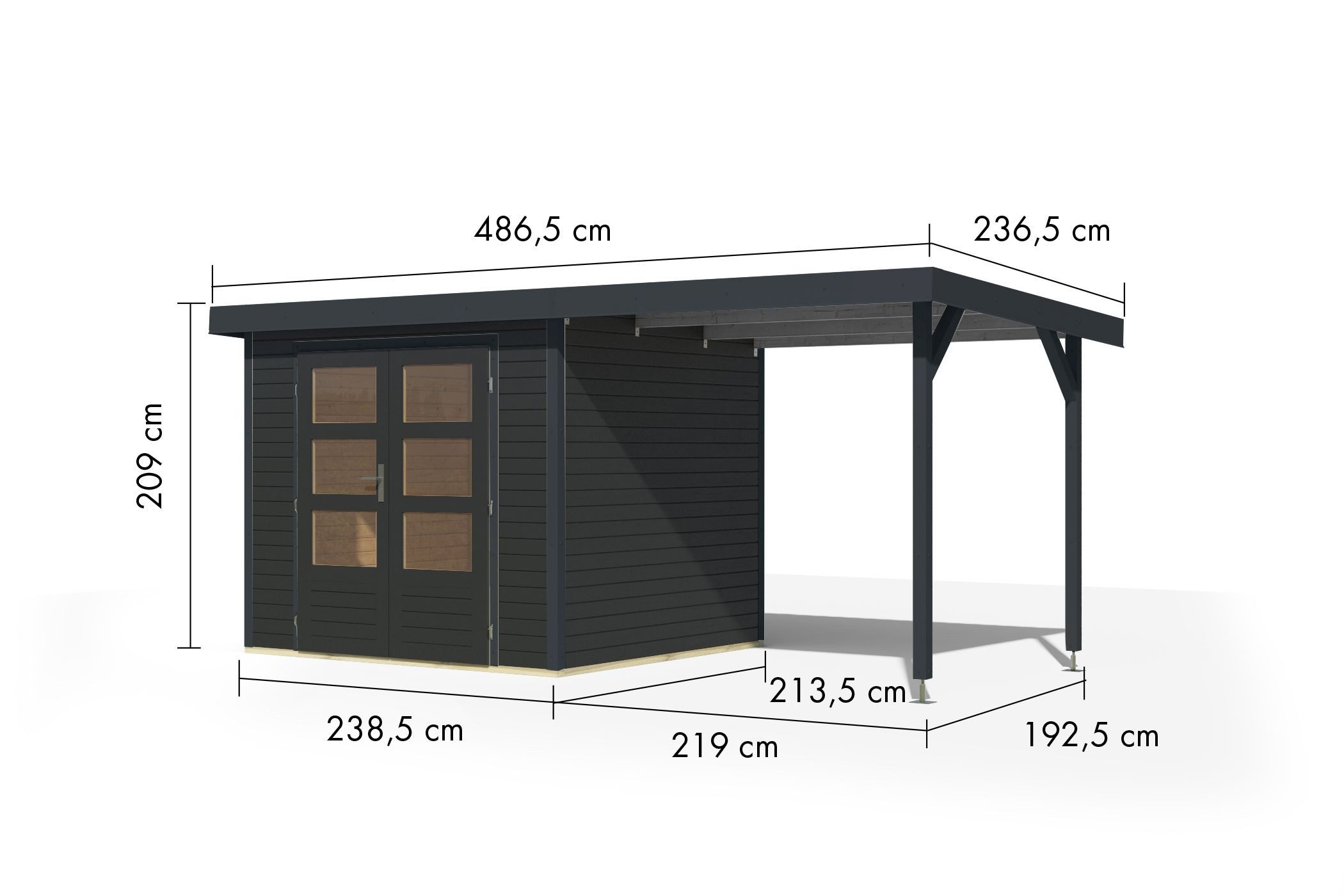 Karibu Gartenhaus Gartenhaus Hollywood in versch. Größen und Farben, opt. mit Anbaudach, BxT: 455x214 cm, (1 Stück, Gartenhaus Hollywood XL mit Anbaudach, anthrazit), Größe XL mit Anbaudach, anthrazit