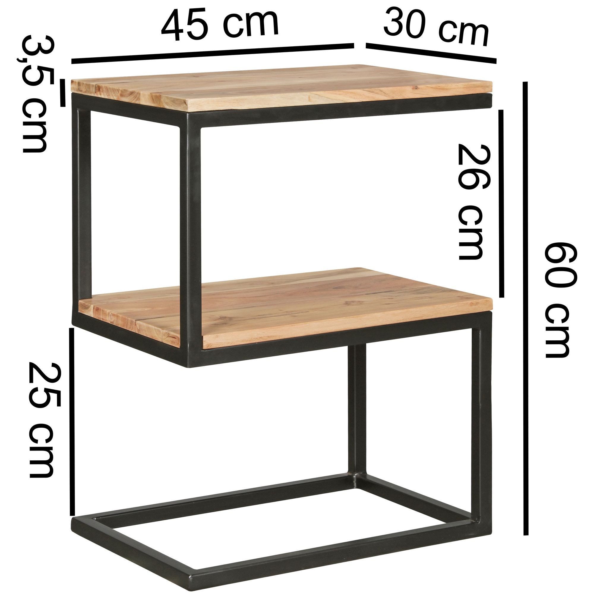 FINEBUY Beistelltisch SuVa10302_1 S-Form Massivholz Metall Wohnzimmertisch Anstelltisch (S-Form Massivholz Akazie / Metall 45 x 60 x 30 cm), Kleiner Wohnzimmertisch, Sofatisch Anstelltisch
