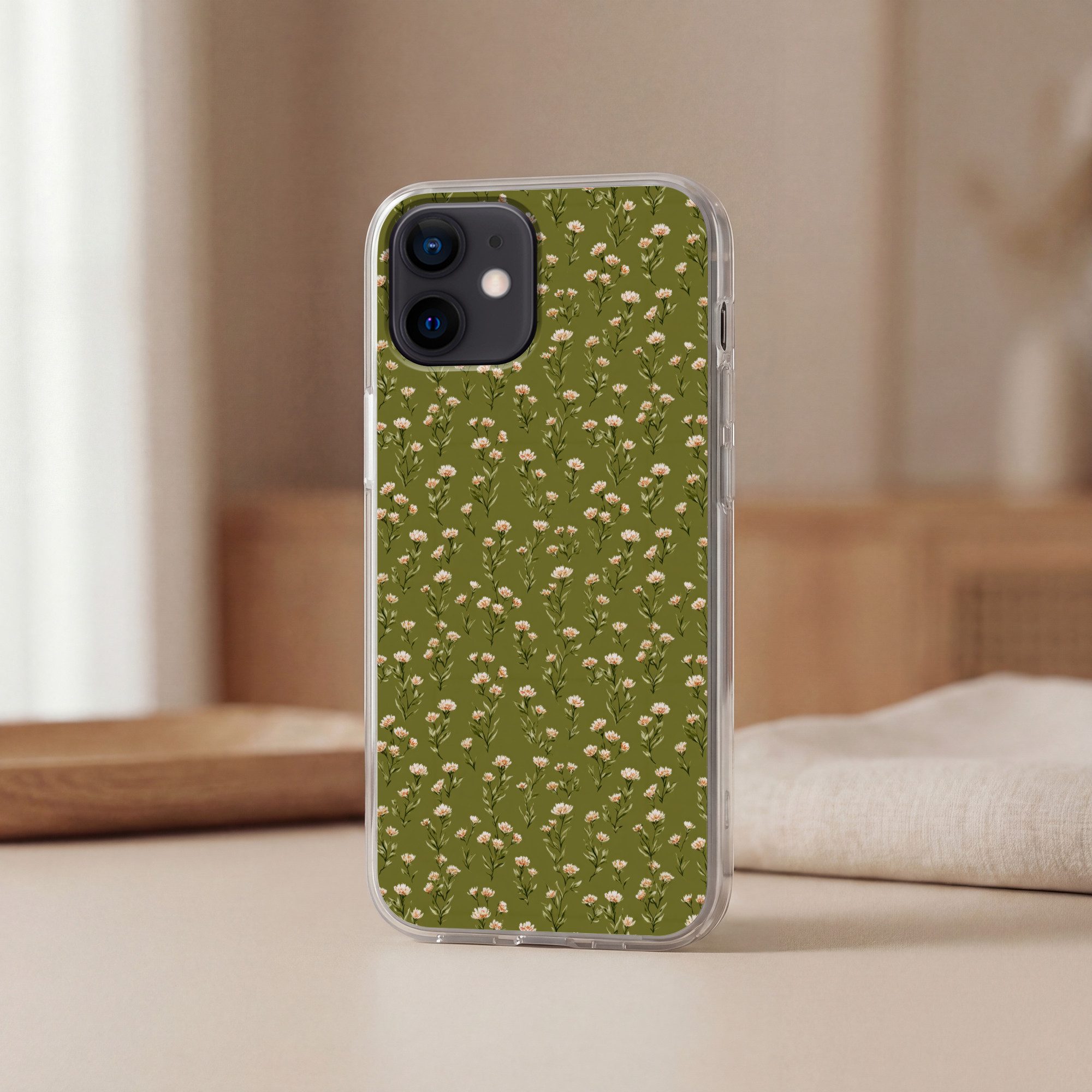 MuchoWow Handyhülle für Apple iPhone 12 Pro Rustikal - Blumen - Grün, Smartphone-Bumper, Print, Handy Schutzhülle Dünn