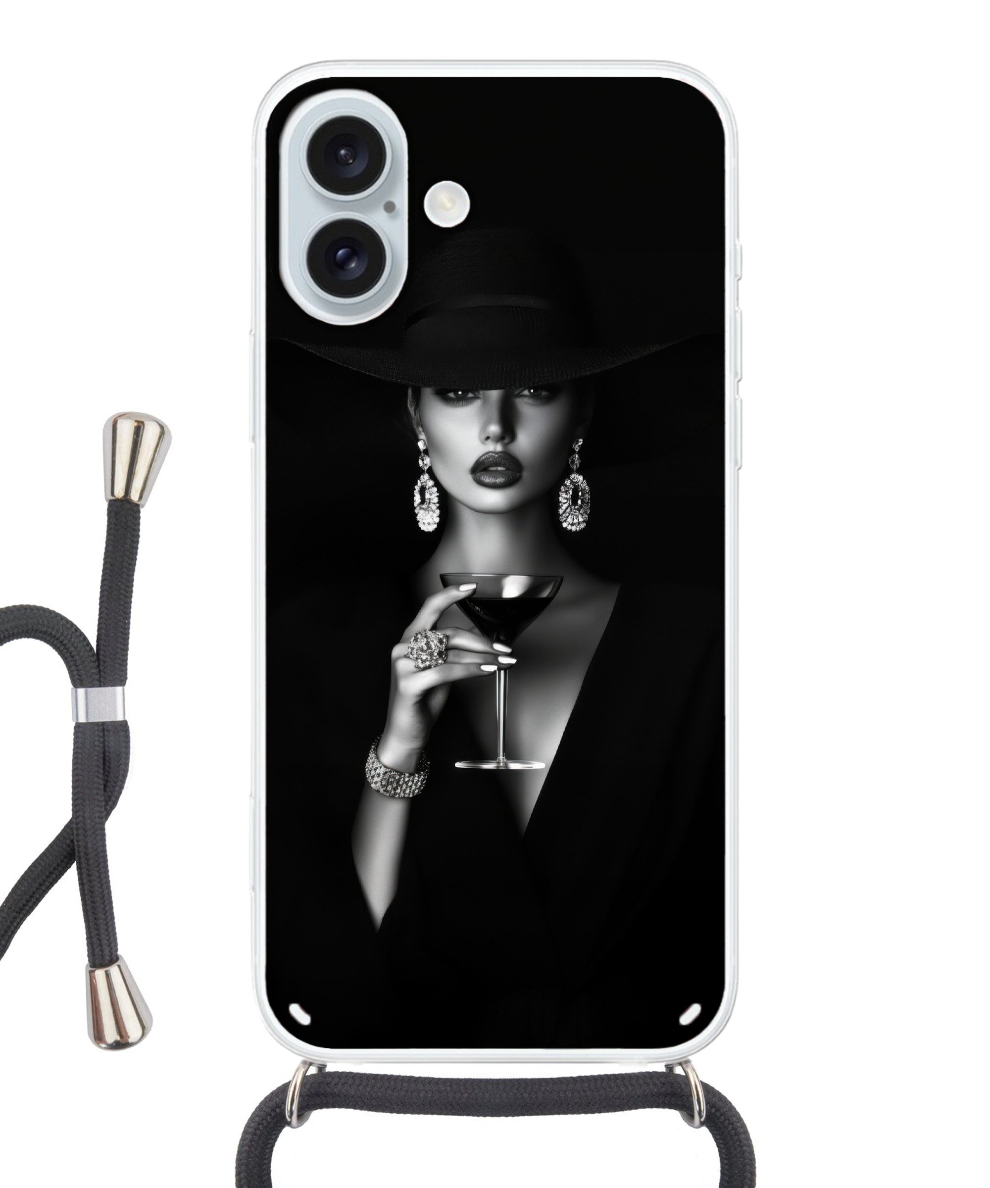 MuchoWow Handyhülle für Apple iPhone 16 Plus Frau - Cocktail - Schick, Tragbare Handyhüllen mit Kette zum umhängen, Handykette Handyband