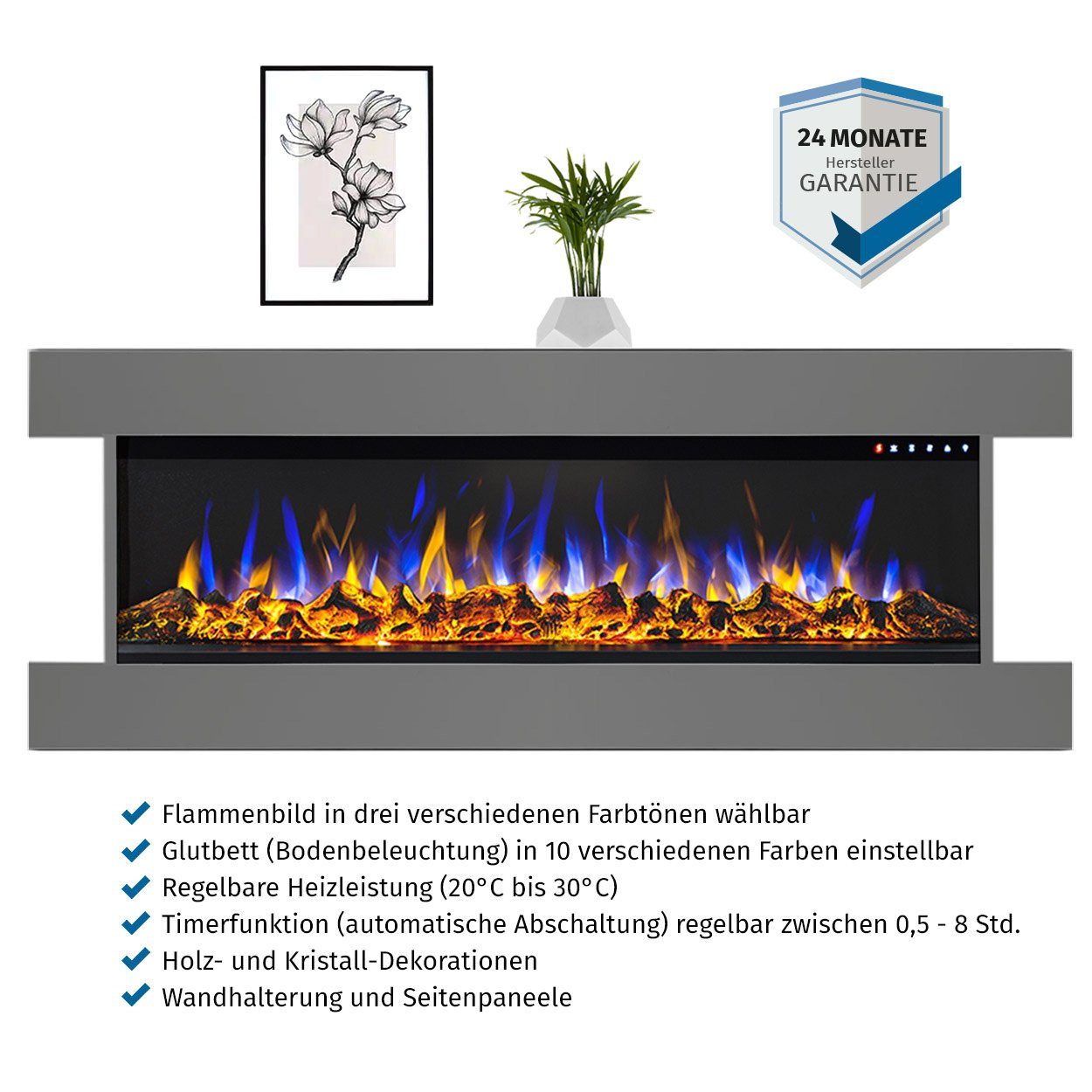 Abschaltautomatik Clear, FIRE GLOW mit Heizfunktion 1600W, Fernbedienung Elektrokamin & Insert bis grau