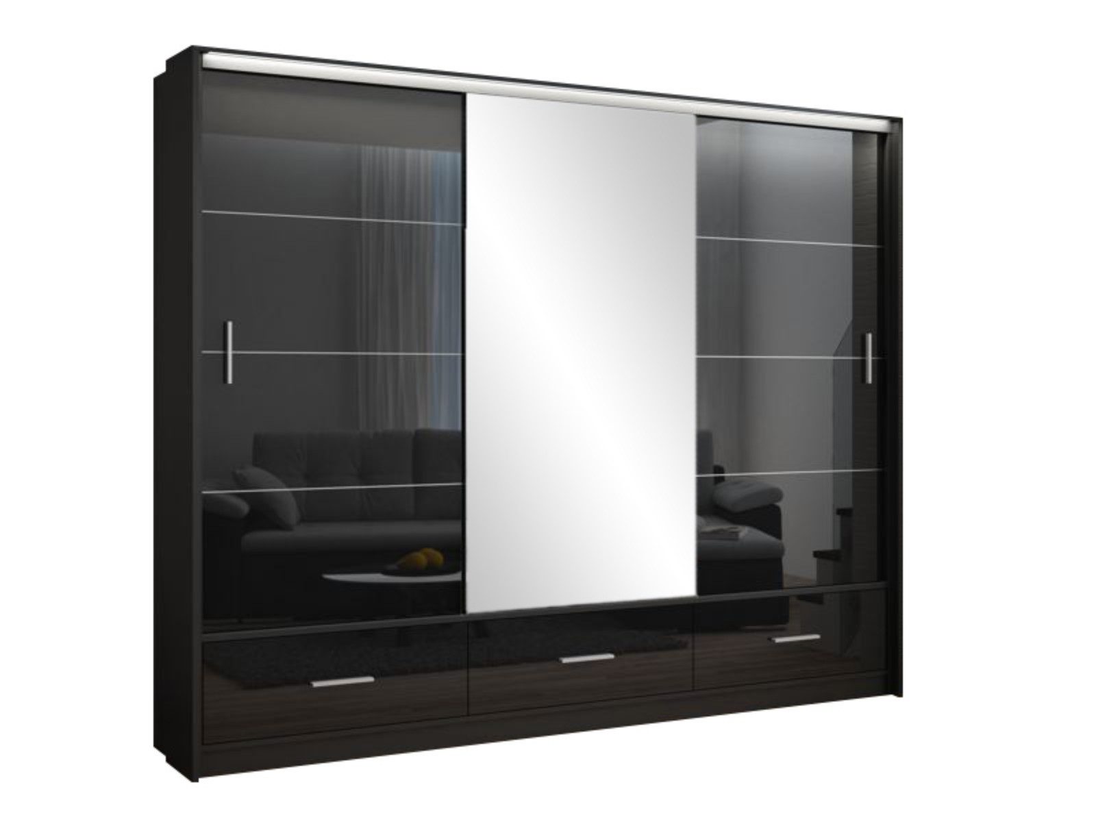 Compleo Schwebetürenschrank mit 3 Schubladen und LED Beleuchtung, 3-türig Kleiderschrank (OPOK)