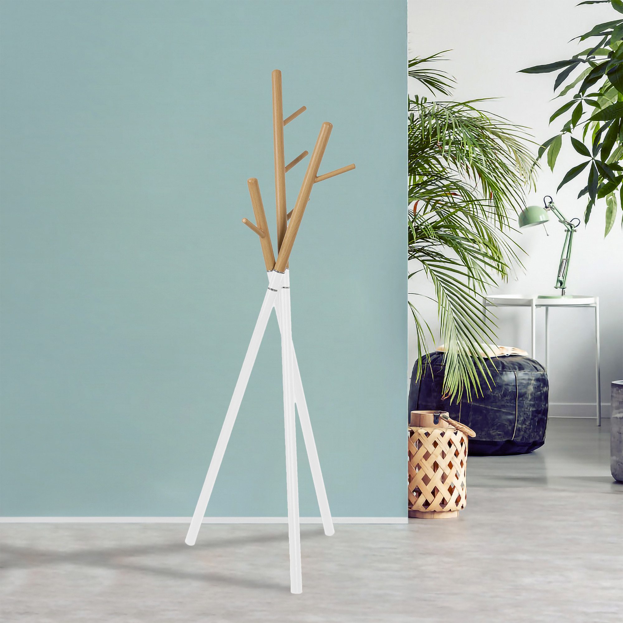 en.casa Garderobenständer, »Laerdal« 5 Haken 172x49x49 cm Baumform Weiß/Holzoptik
