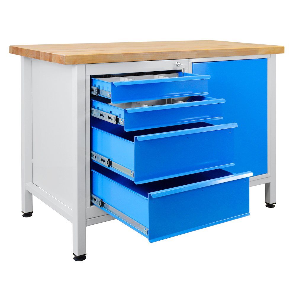 Rhino Tür, 1 4 mit Schubladen Werkbank PROREGAL® Lichtblau + Grau/Blau Werkbank