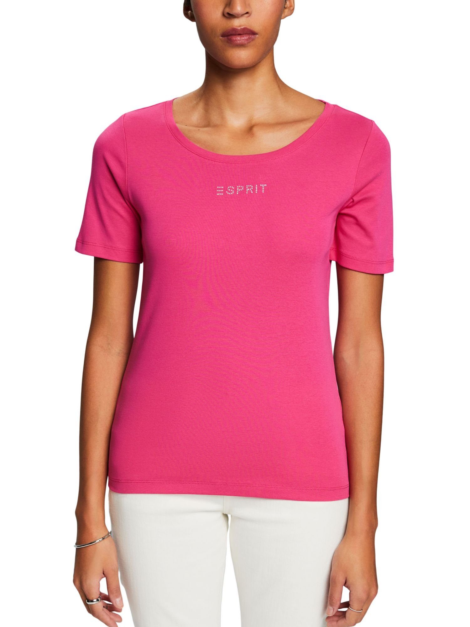 Esprit T-Shirt Top mit FUCHSIA Strass-Logo PINK (1-tlg)