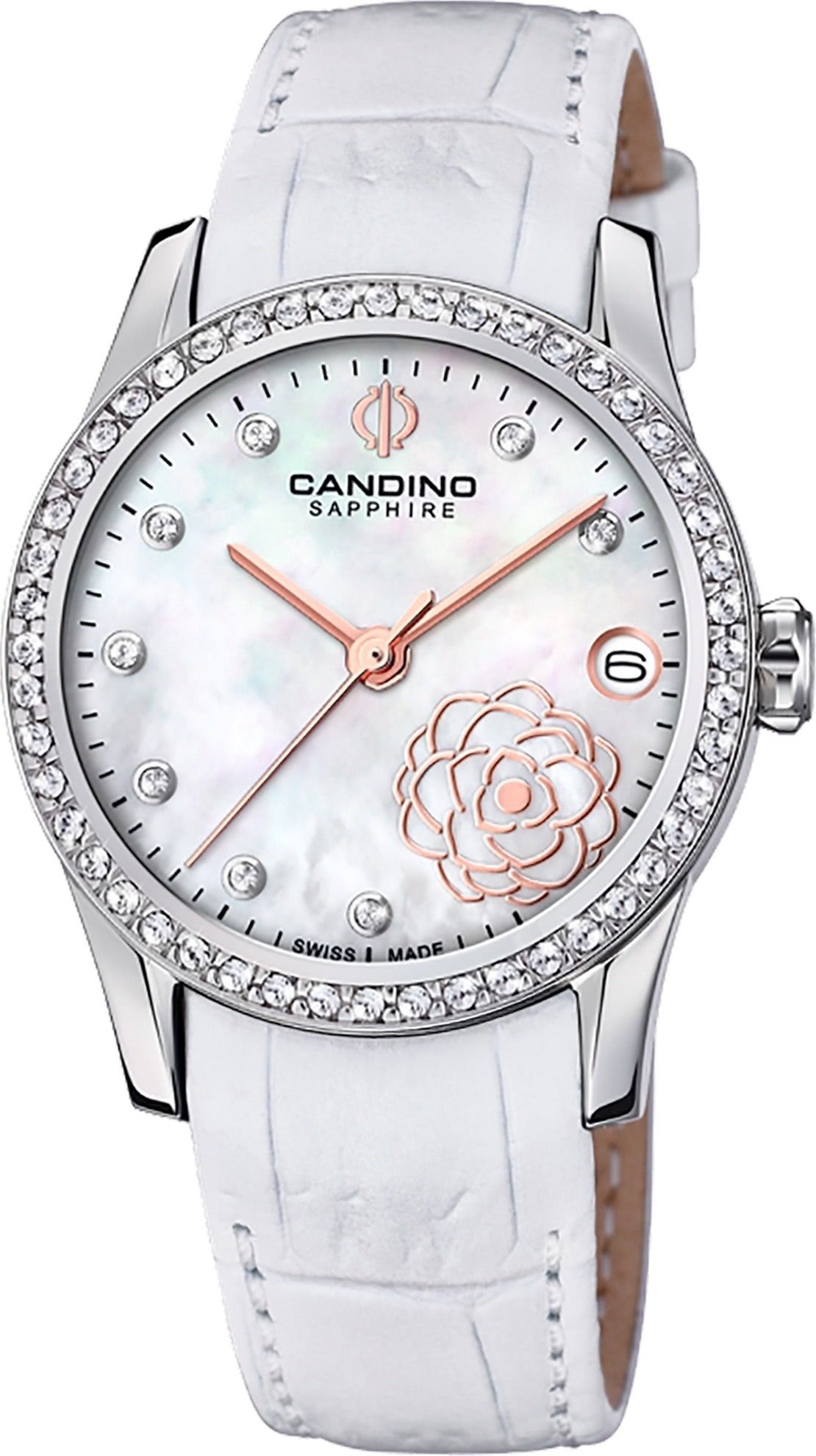 Candino Quarzuhr Candino Damen Armbanduhr Elegance, (Analoguhr), Damen Armbanduhr rund, Lederarmband weiß, Fashion