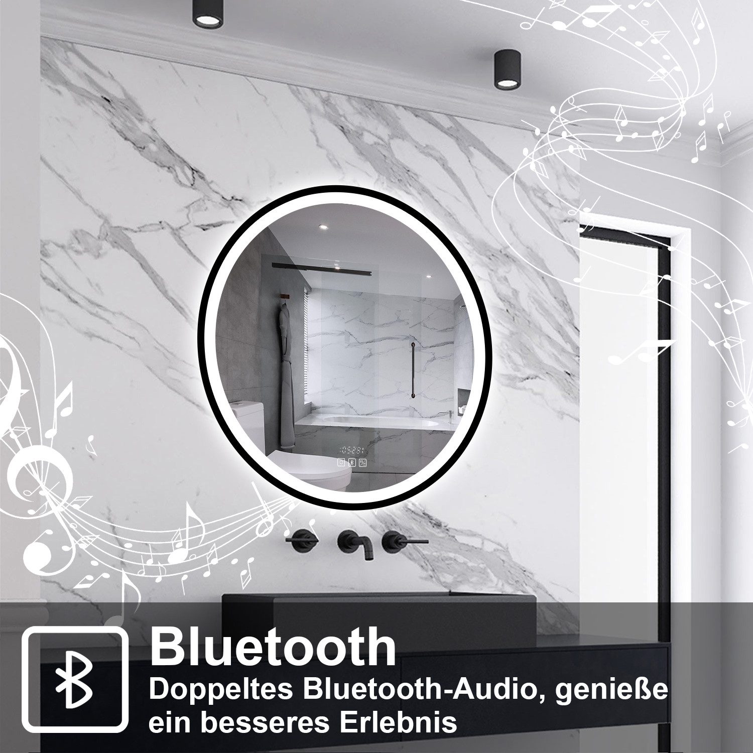 Aica Sanitär Badspiegel LED Wandspiegel mit Beschlagfrei Kalt/Neutral/Warmweiß Dimmbar, mit Bluetooth und Uhr
