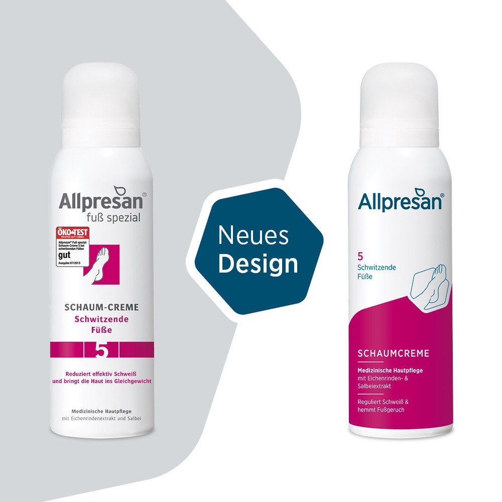 Allpresan Fußschaum Allpresan Fuß spezial Nr. 5 Schaum-Creme Schwitzende Füße 125ml Mit Eichenrindenextrakt & Salbei, 1-tlg., Reduziert die Schweißproduktion / Fußgeruch auf natürliche Weise