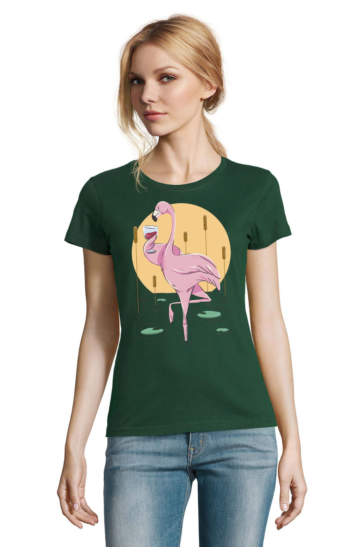 T-Shirt Wein trinkender Flamingo Vogel Damen Shirt Fun Motiv