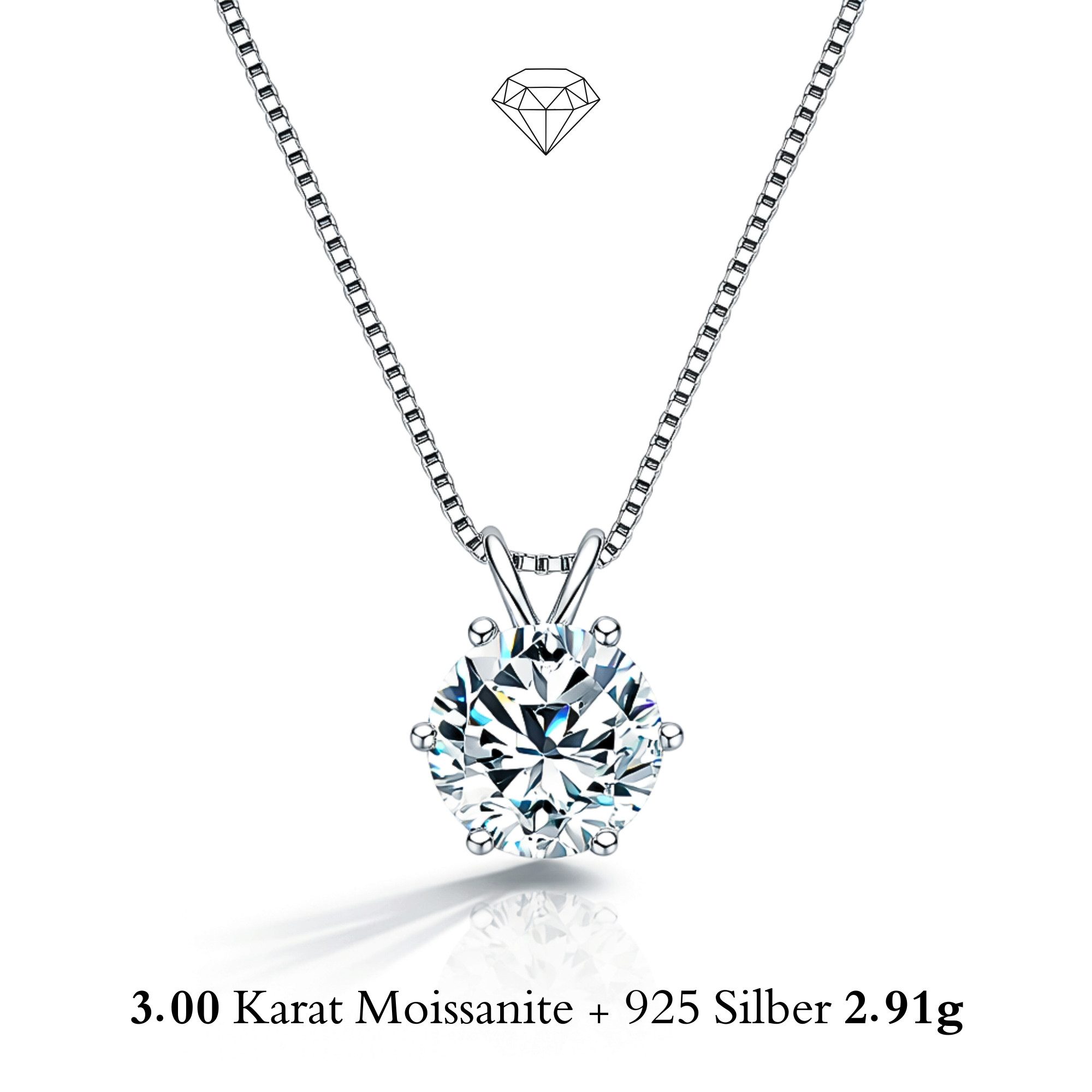 UNIQAL.de Silberkette 925 mit Moissanit 3,0 Karat – Solitaire Diamant Anhänger Optik (Silberkette mit Solitaire Moissanit Anhänger, 925 Sterling Silber weißgold oder 14K gold veredelt, inkl. Luxuriöse Schmuck Geschenkbox), Moissanit VVS1 Reinheit, GRA-Zer