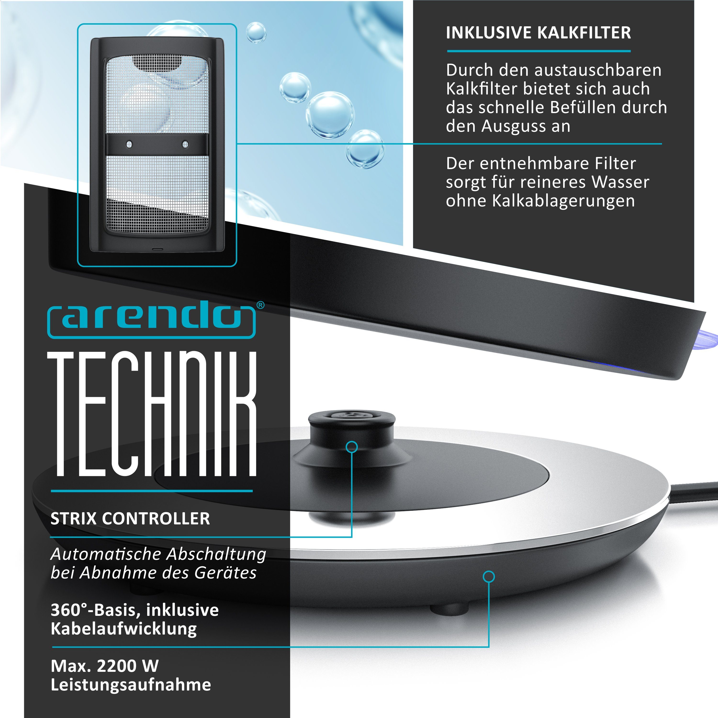 Arendo Frühstücks-Set Edelstahl Wasserkocher 1,7l, 2-Scheiben Langschlitz Toaster, Cool Grey (2-tlg), Frühstücksset, Wasserkocher Retro, 2200W, Toaster Brötchenaufsatz