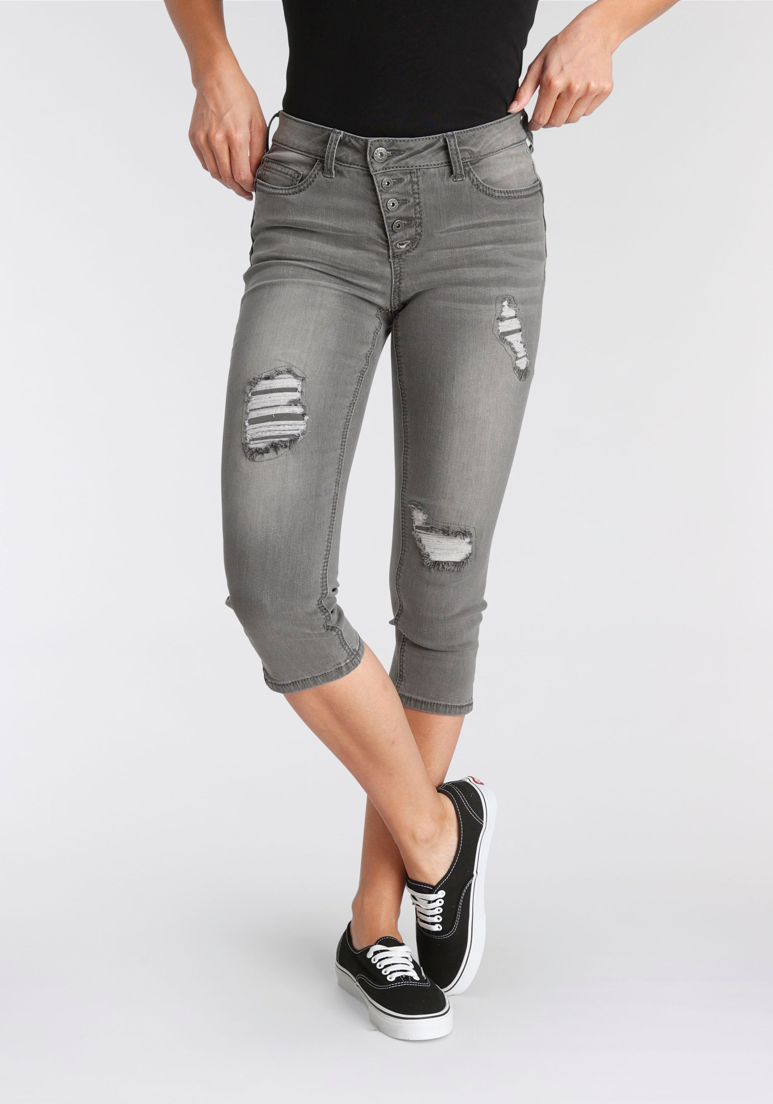 Arizona Caprijeans mit sichtbarer, schräger Knopfleiste Mid Waist grey-used | Stretchjeans