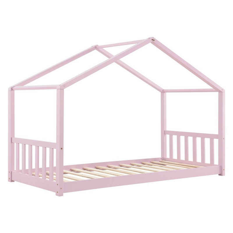 Juskys Kinderbett »Paulina 90 x 200 cm«, Massives Kiefernholz, bodentiefer Einstieg, Hausoptik mit Dach, für Kinder von 3 bis 10 Jahren