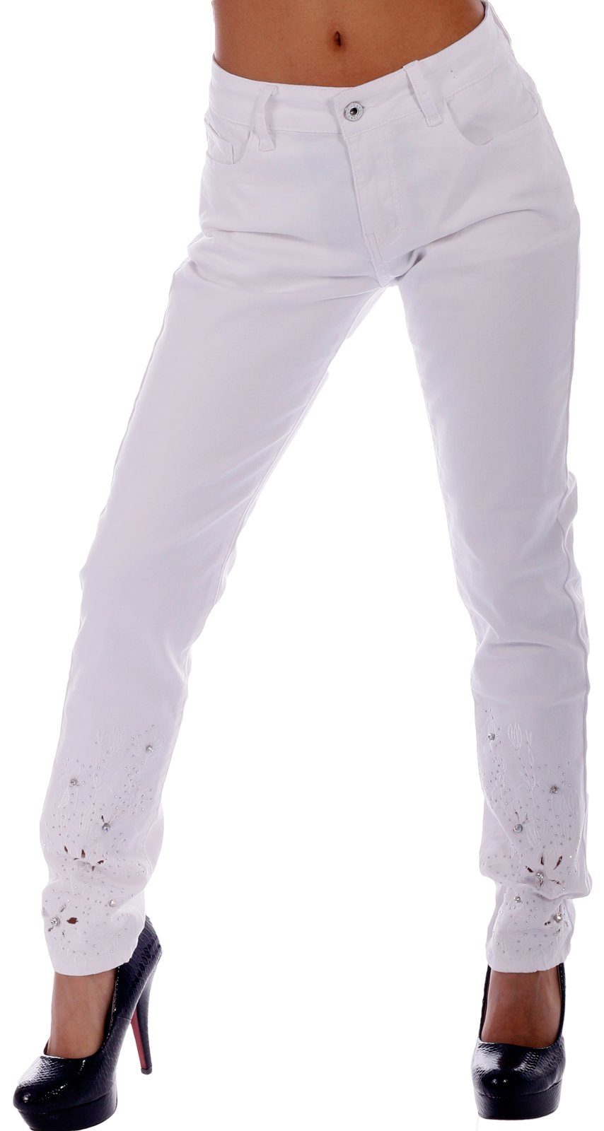 Charis Moda Bootcut-Jeans Jeans in Vintage Farben mit Stickerei-Bling Applikationen Weiß