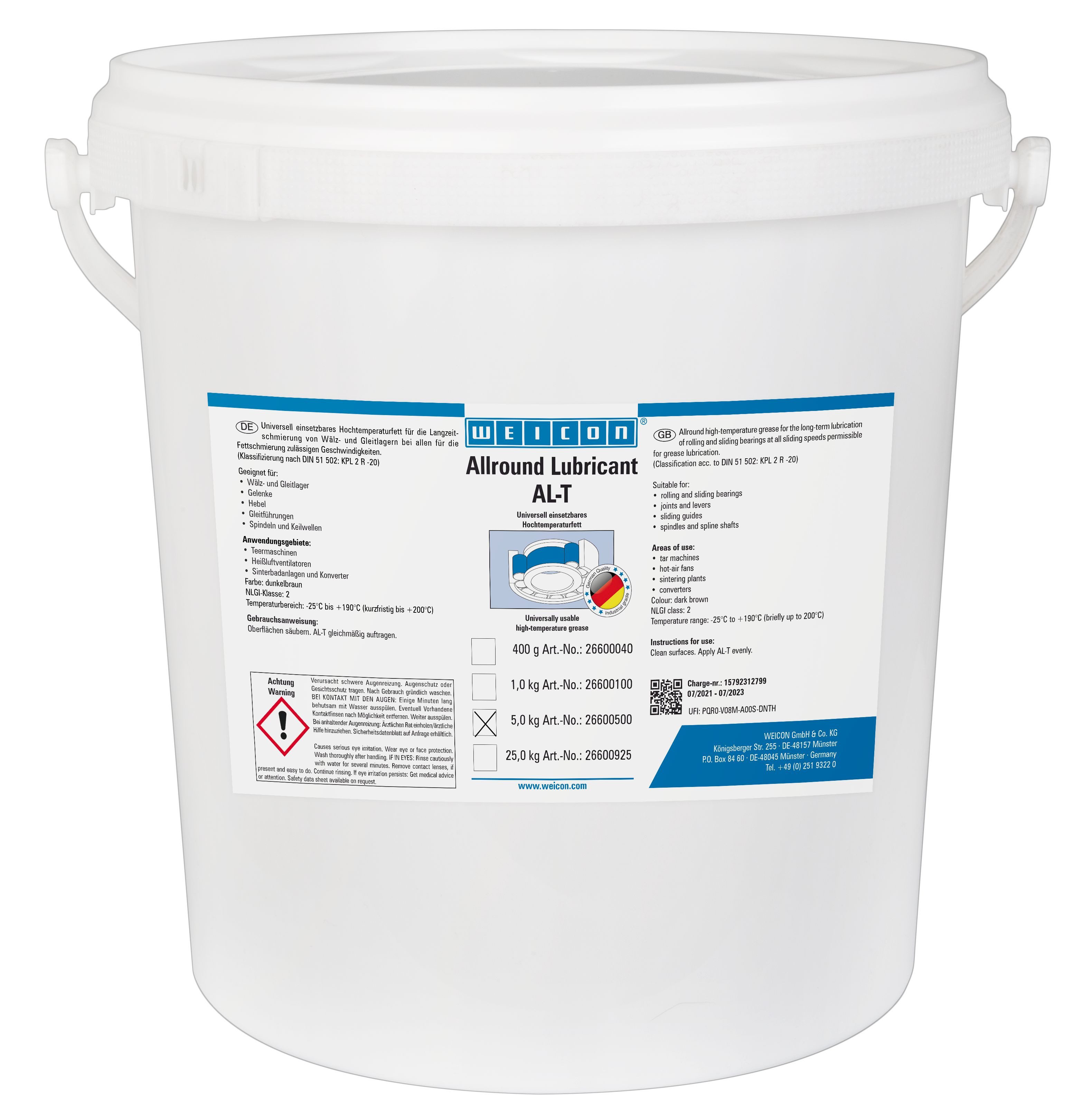 WEICON Schmierfett AL-T Hochleistungsfett, 5000 g, Hochtemperaturfett 190°C, Langzeitschmierung
