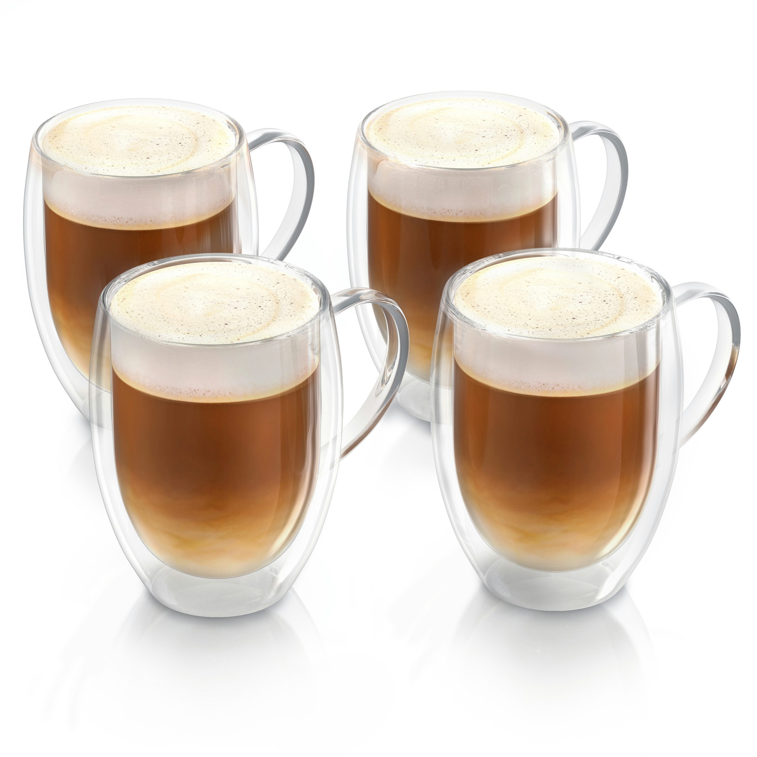 Arendo Gläser-Set doppelwandige Thermogläser mit Henkel, 350 ml Kaffeetasse, Trinkglas, 4-tlg., Glas, für Latte Macchiato, Cappuccino, Tee, hitzebeständig spülmaschinenfest