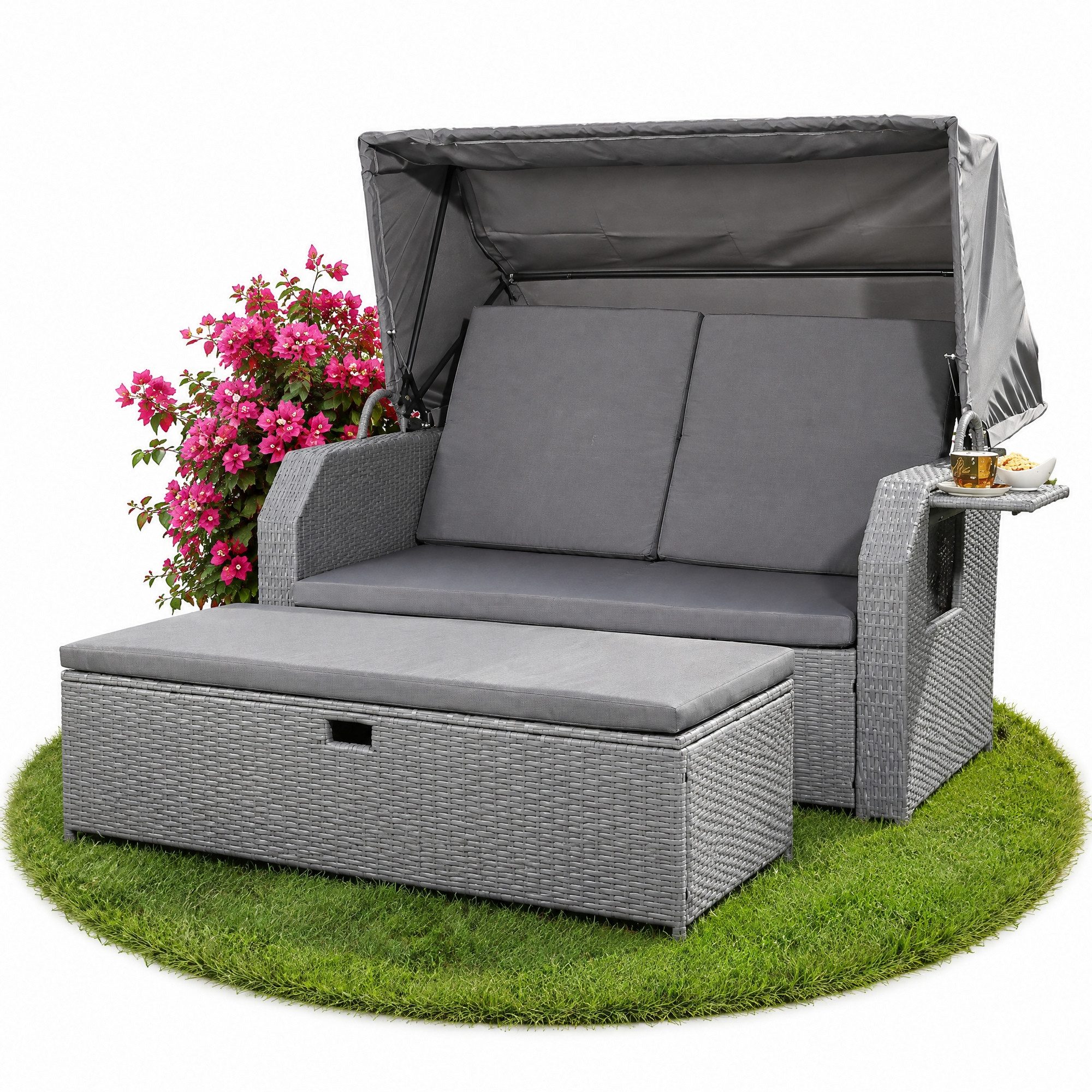 Melko Gartenliege Sonneninsel mit Dach, Hocker und Kissen Polyrattan 145×143×130 cm, Halblieger mit Dach 145x143 cm, 3-teiliges Set bestehend aus 1 × Sonneninsel, 1 × Hocker und Kissen, Kompakte Halblieger mit klappbarem Dach und separatem Hocker