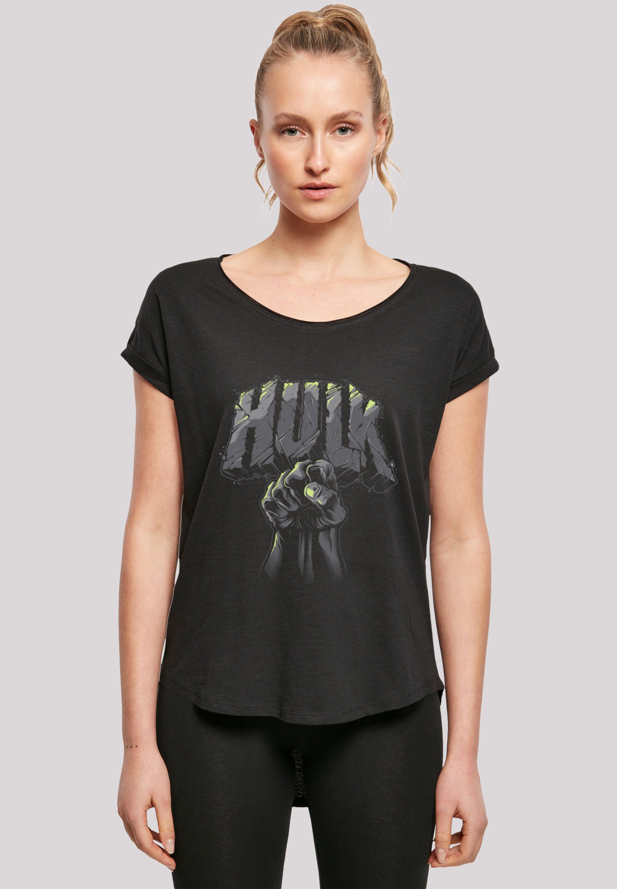 Slub with Ladies Hulk Punch (1-tlg) Marvel Damen Long Tee Kurzarmshirt Logo -BLK BIG F4NT4STIC