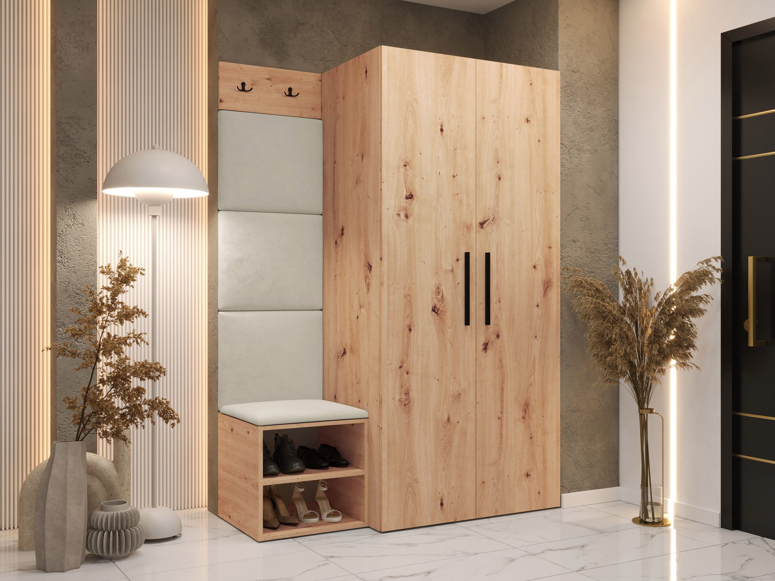 MIRJAN24 Garderoben-Set Medi IV, (Drehtürenschrank, Schuhschrank, 4x Paneel 42x42), 2 Kleiderhaken für Kleidung