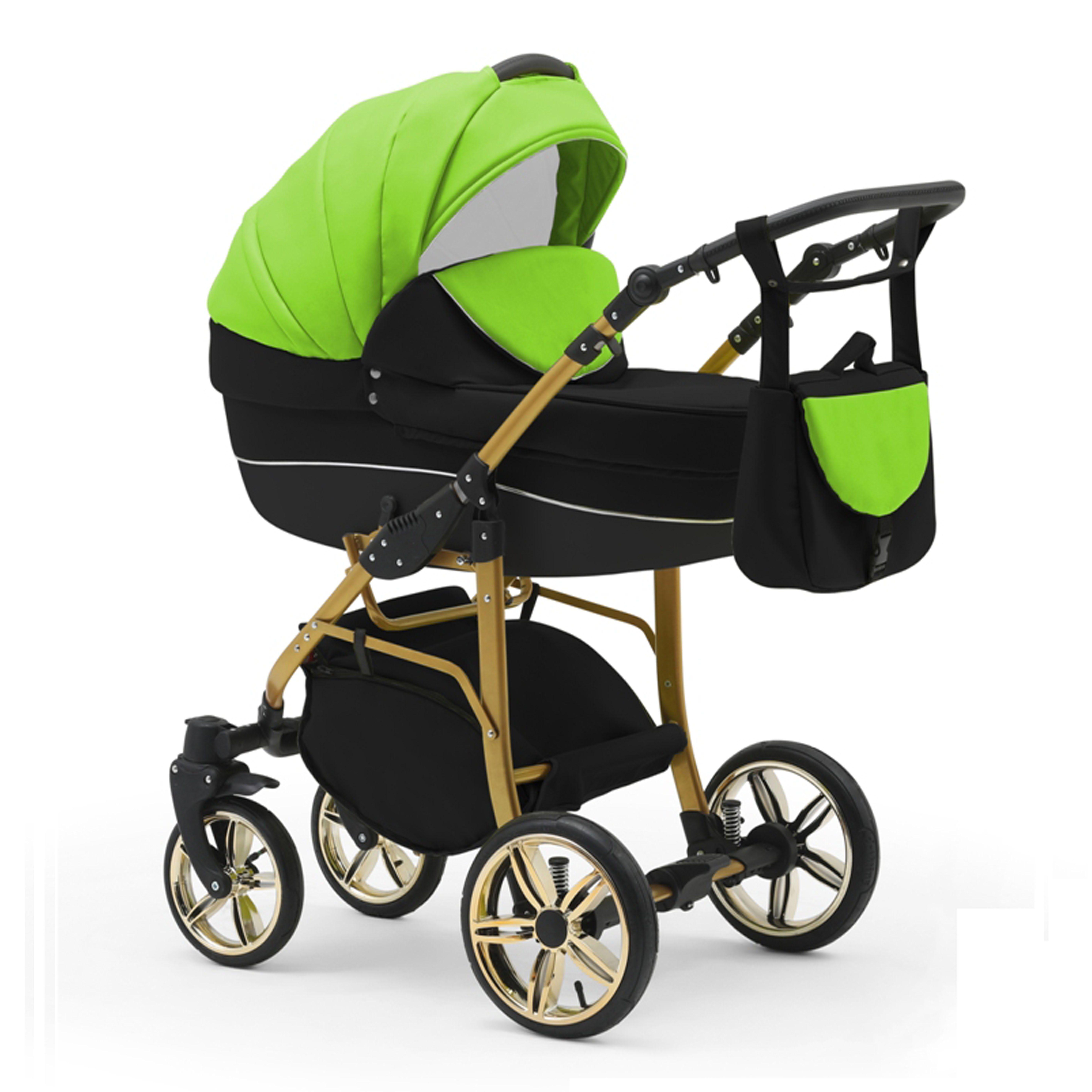 babies-on-wheels Kombi-Kinderwagen 2 in 1 Kinderwagen-Set Cosmo Gold - 13 Teile - in 46 Farben Grün-Schwarz